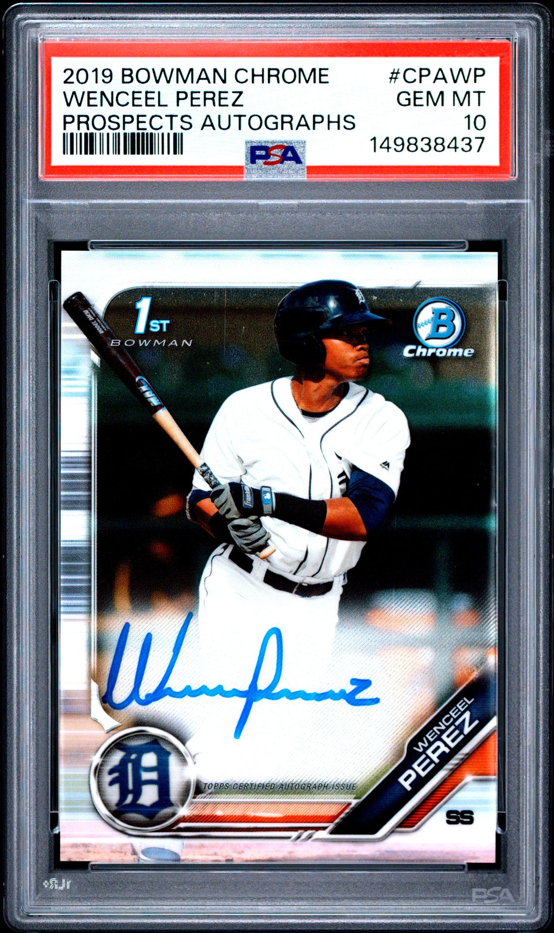2019 Bowman Chrome Prospects Autographs Wenceel Perez #Cpawp (Prospects Autographs) Gem Mt 10 front view - PSA graded GEM MT 10