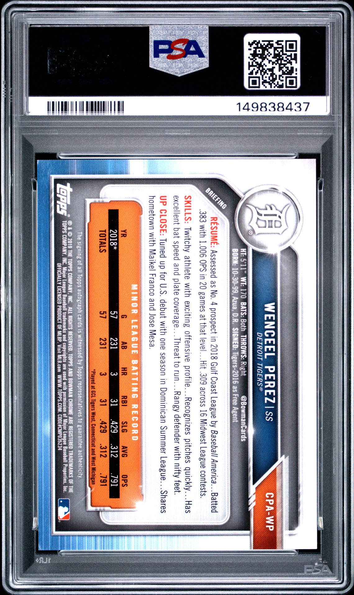 2019 Bowman Chrome Prospects Autographs Wenceel Perez #Cpawp (Prospects Autographs) Gem Mt 10 back view - PSA certificate #149838437