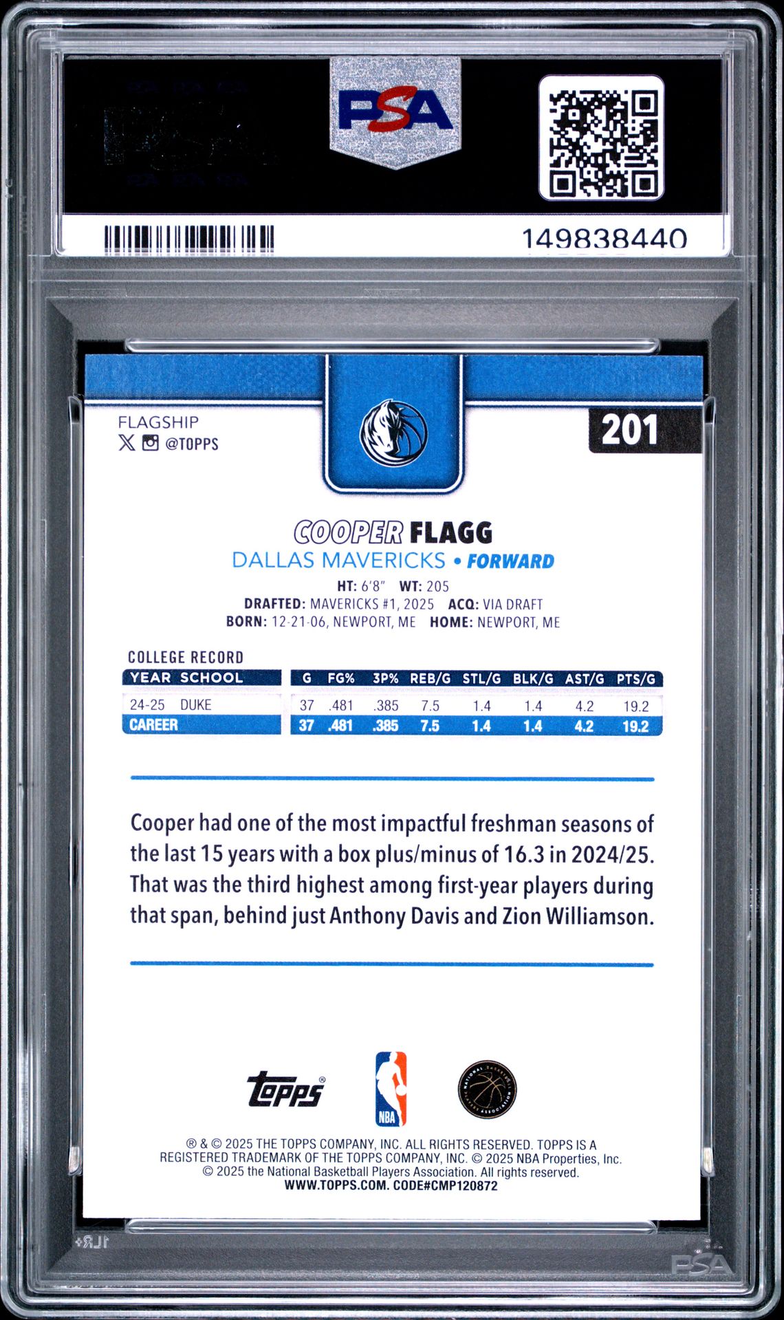 2025 Topps Cooper Flagg #201 Gem Mt 10 back