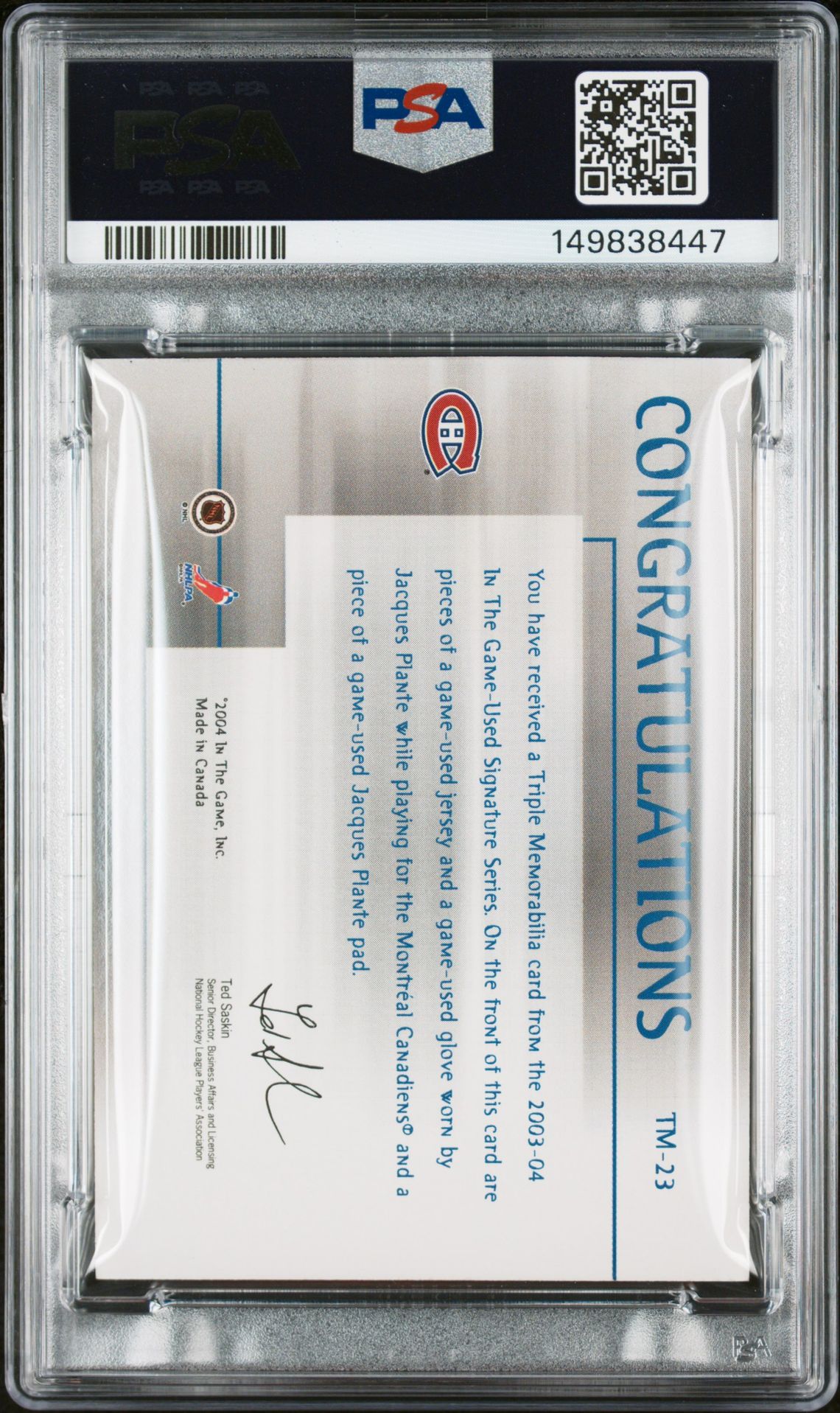 2003 Itg Used Signature Triple Memorabilia Jacques Plante #Tm-23 (Triple Memorabilia) Nm-Mt 8 back