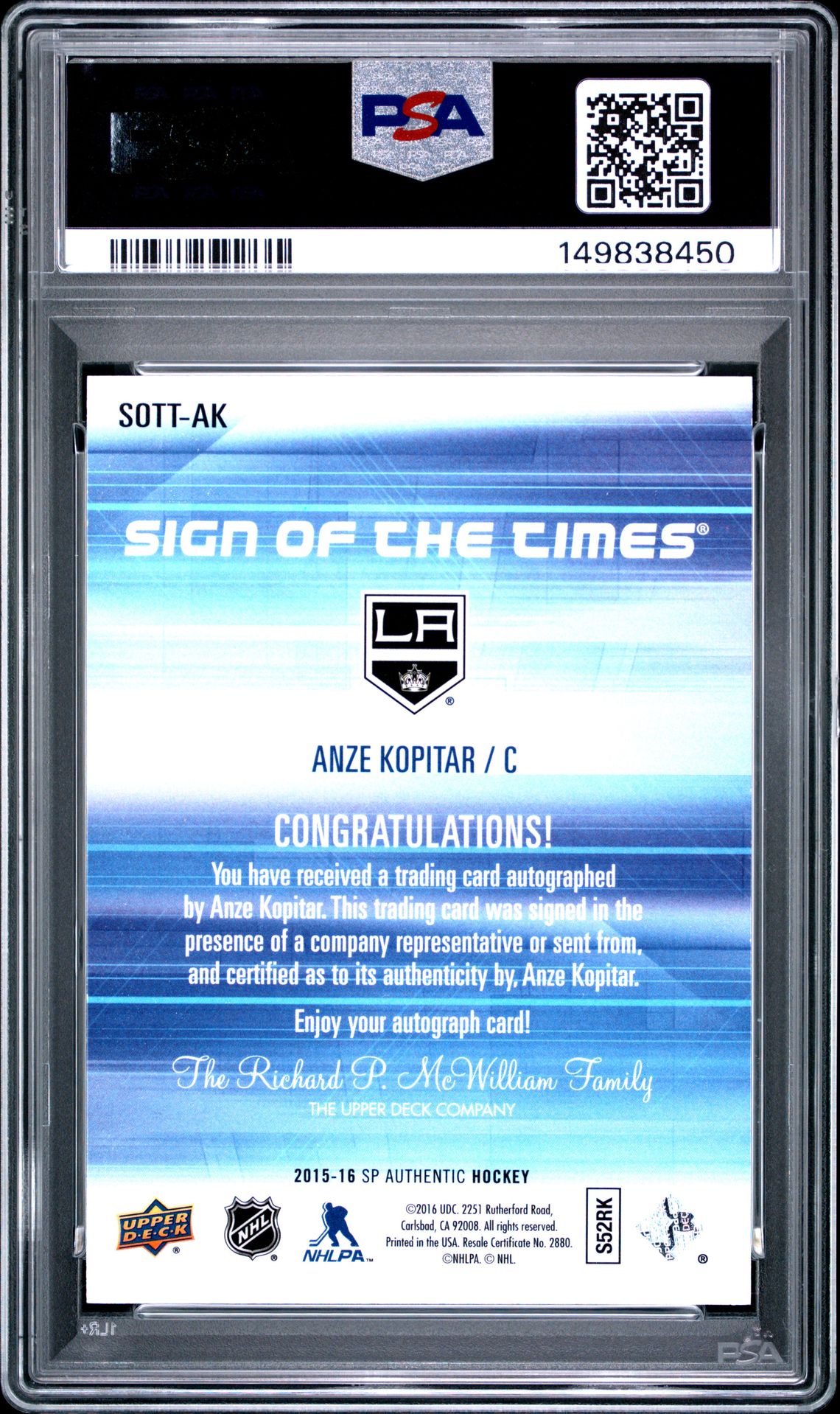 2015 Sp Authentic Sign Of The Times Anze Kopitar #Ak (Sign Of The Times) Nm-Mt 8 back
