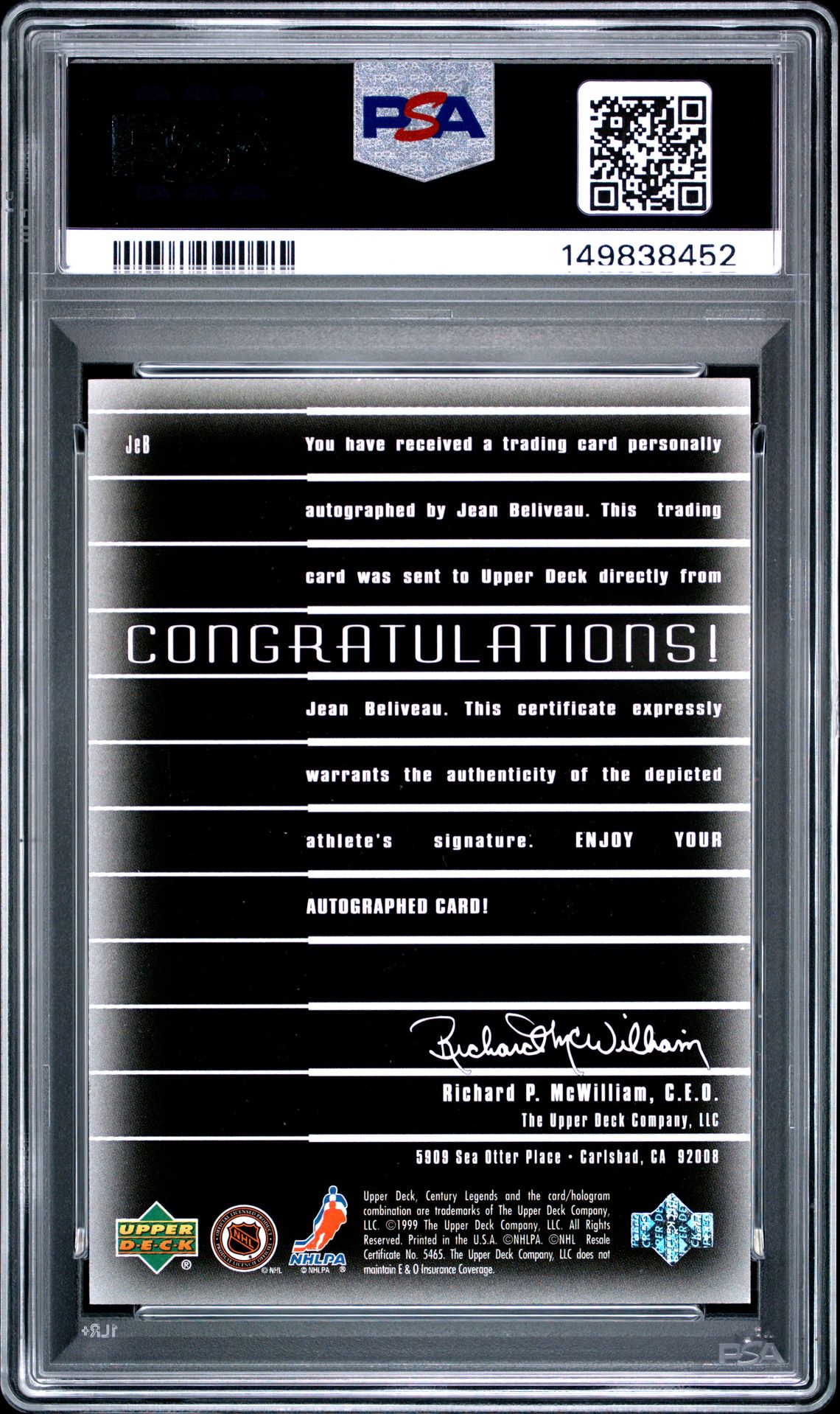 1999 Upper Deck Century Legends Epic Signatures Jean Beliveau #Jeb (Epic Signatures) Mint 9 back