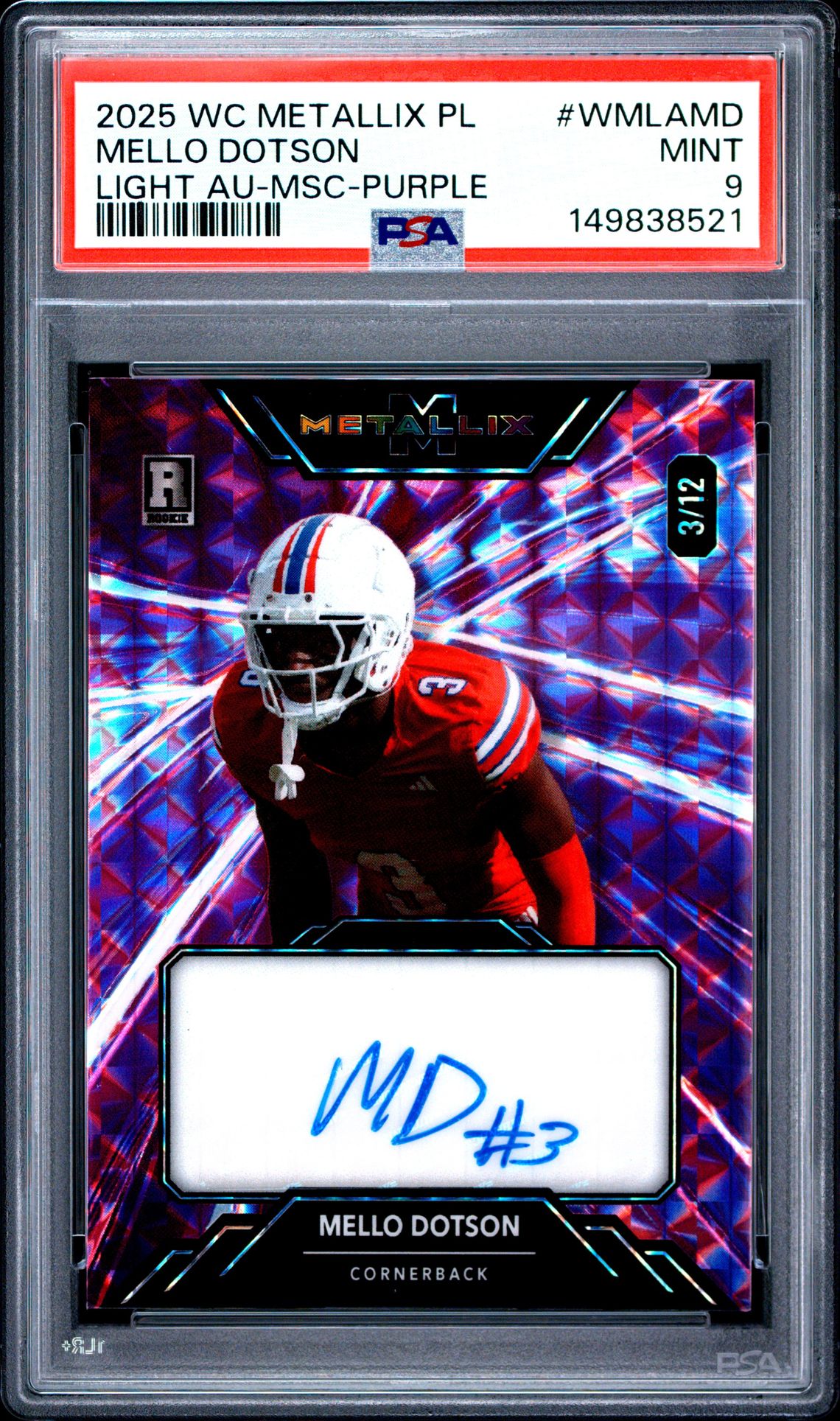 2025 Wild Card Metallix Pro-Look Hobby Light Autographs Mello Dotson #Wmlamd (Light Au-Msc-Purple) Mint 9 front