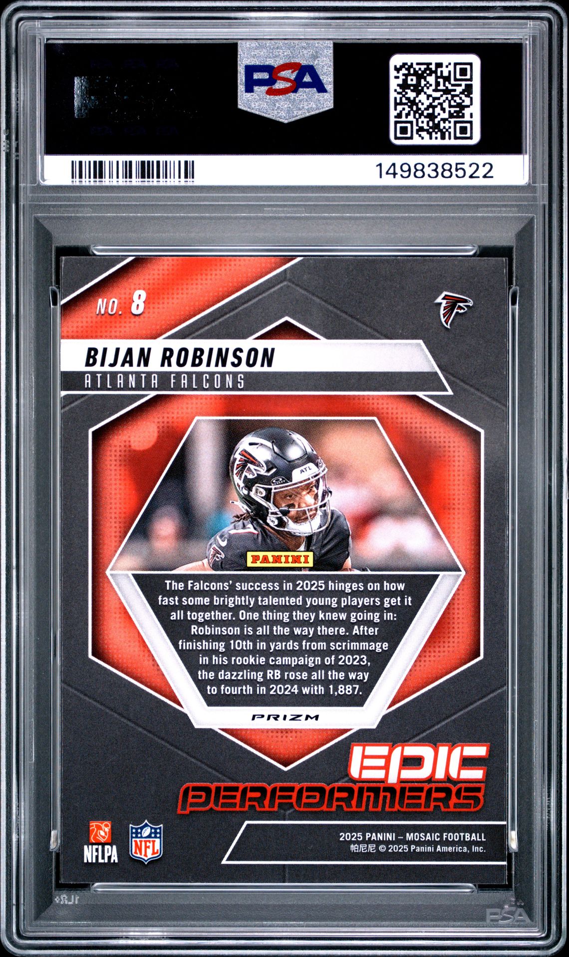 2025 Panini Mosaic Epic Performers Bijan Robinson #8 (Epic Performers-Orange Flr) Gem Mt 10 back