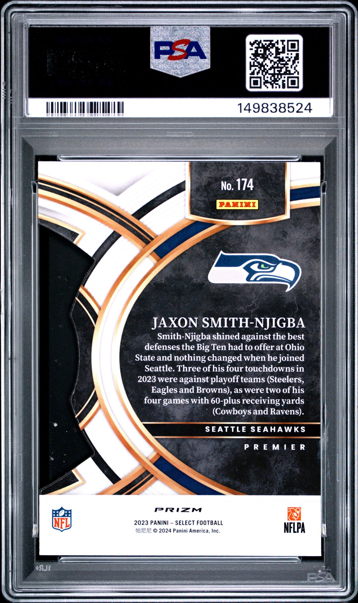 2023 Panini Select Jaxon Smith-Njigba #174 (Die-Cut Black & Green Prizm) Gem Mt 10 back