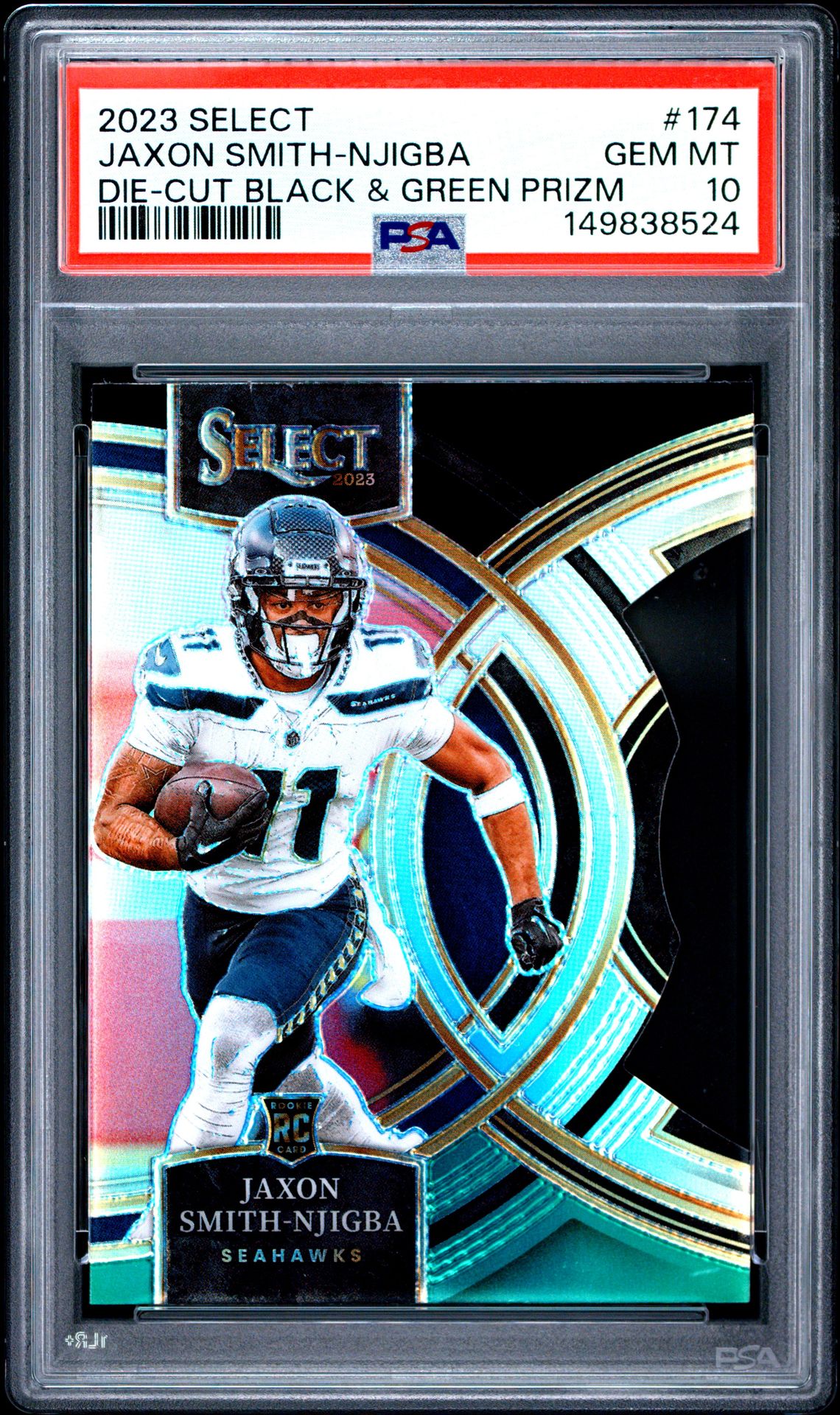 2023 Panini Select Jaxon Smith-Njigba #174 (Die-Cut Black & Green Prizm) Gem Mt 10 front