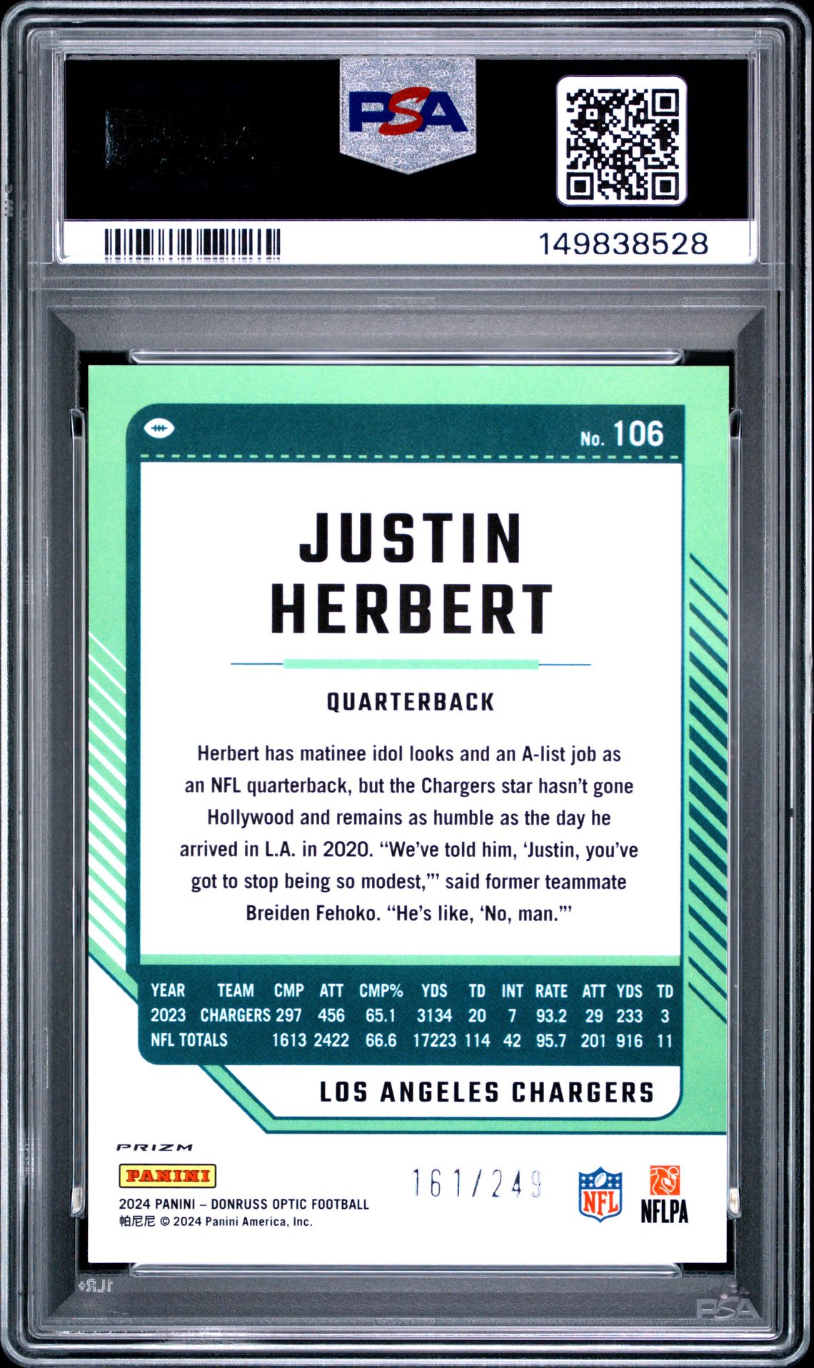 2024 Panini Donruss Optic Justin Herbert #106 (Orange) Mint 9 back