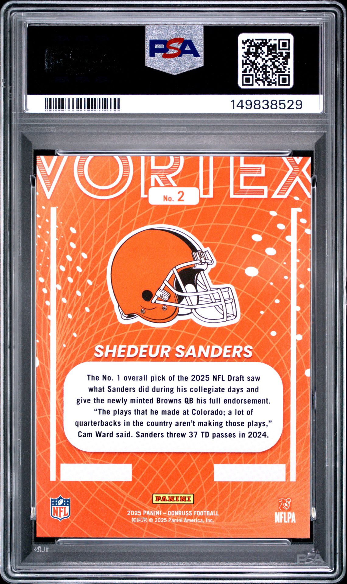 2025 Panini Donruss Vortex Shedeur Sanders #2 Gem Mt 10 back