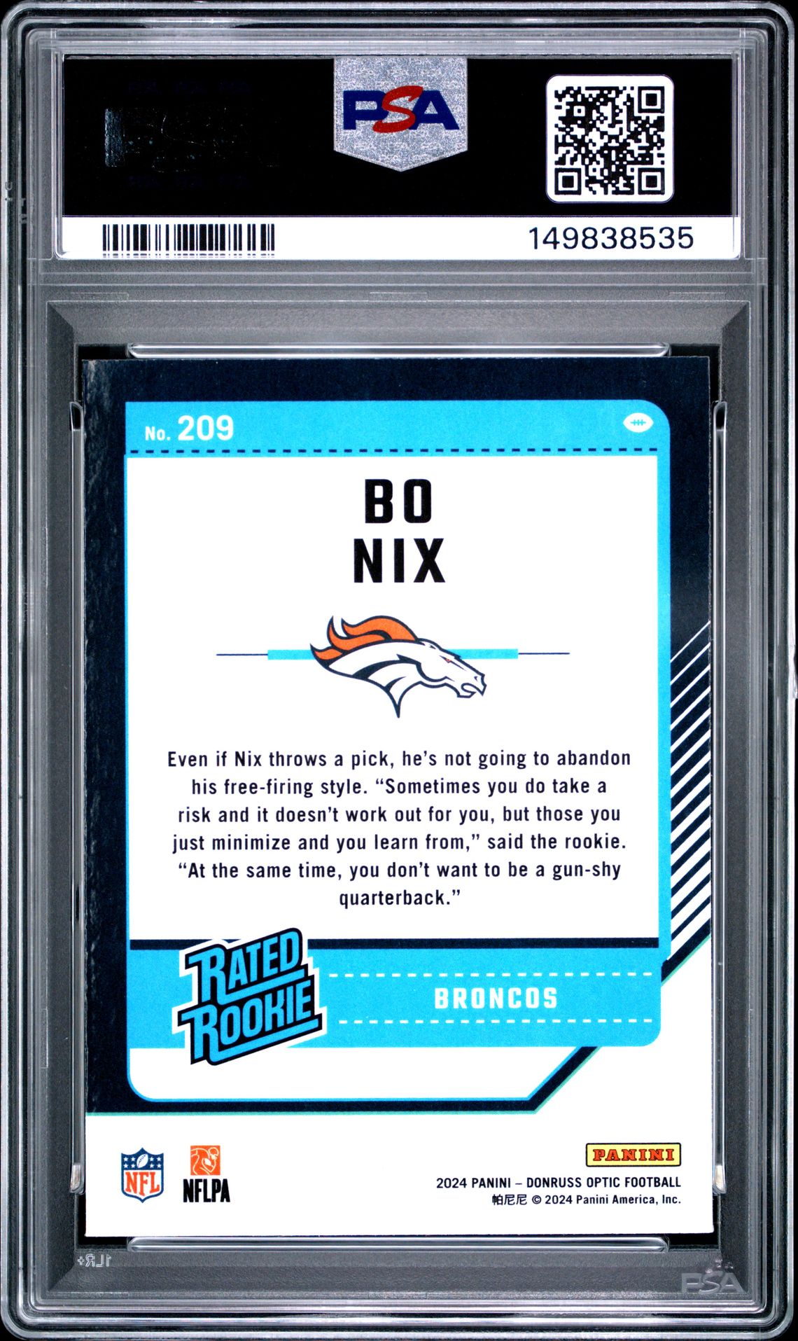 2024 Panini Donruss Optic Bo Nix #209 Gem Mt 10 back
