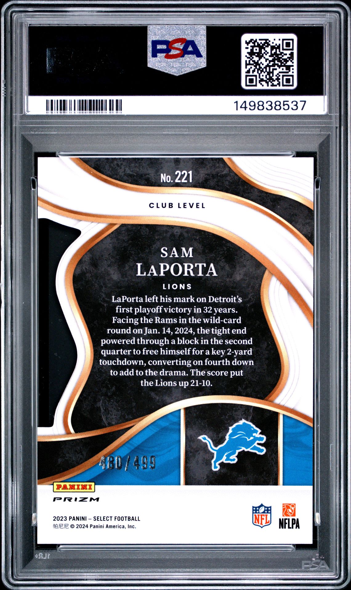 2023 Panini Select Sam Laporta #221 (Die-Cut Neon Green Prizm) Gem Mt 10 back