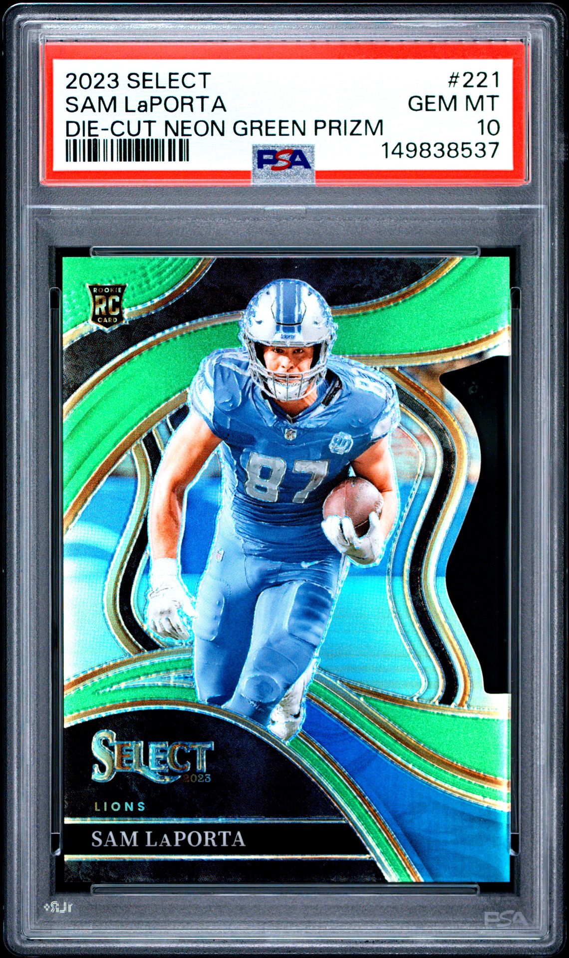 2023 Panini Select Sam Laporta #221 (Die-Cut Neon Green Prizm) Gem Mt 10 front