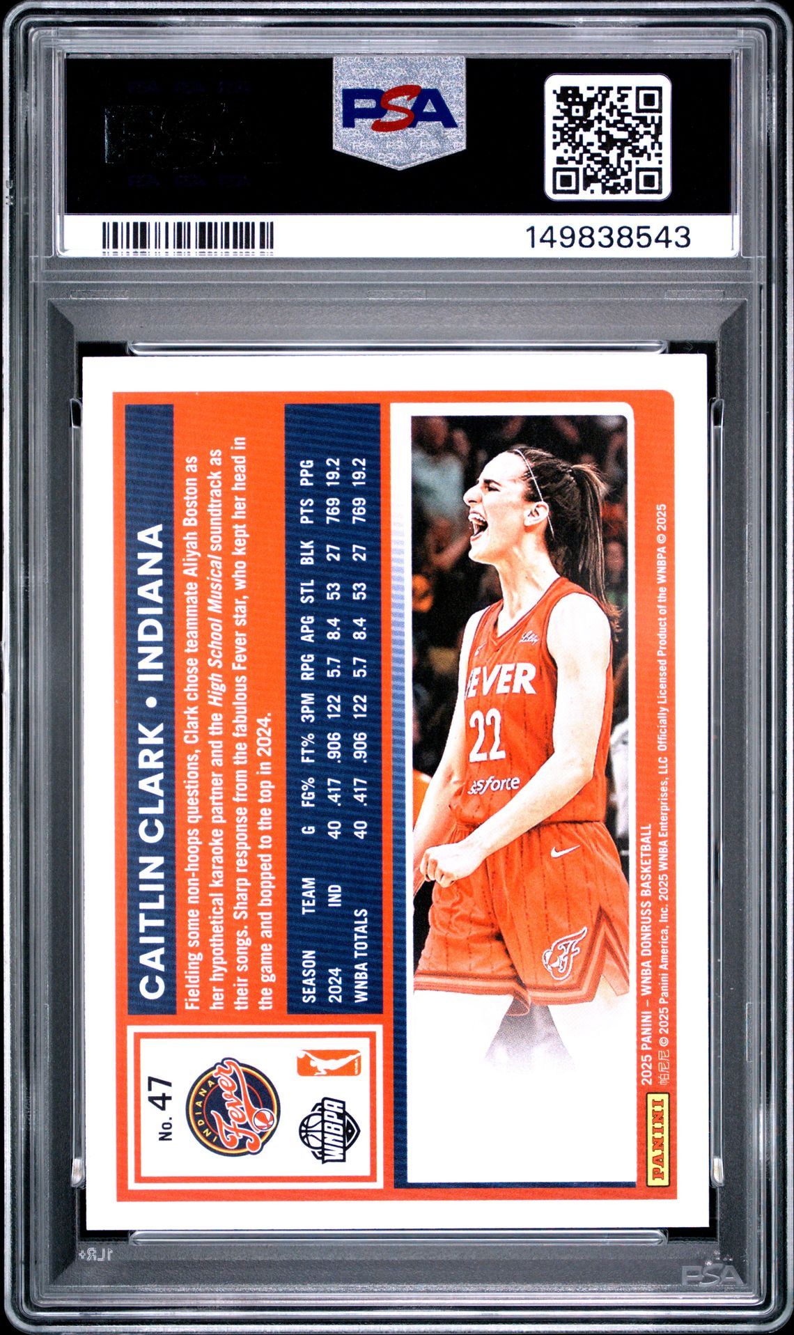 2025 Panini Donruss Wnba Caitlin Clark #47 Gem Mt 10 back