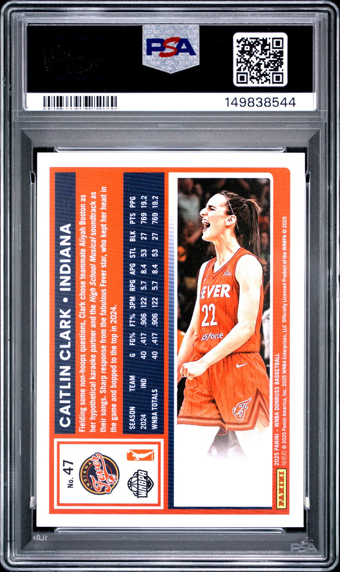 2025 Panini Donruss Wnba Caitlin Clark #47 Gem Mt 10 back