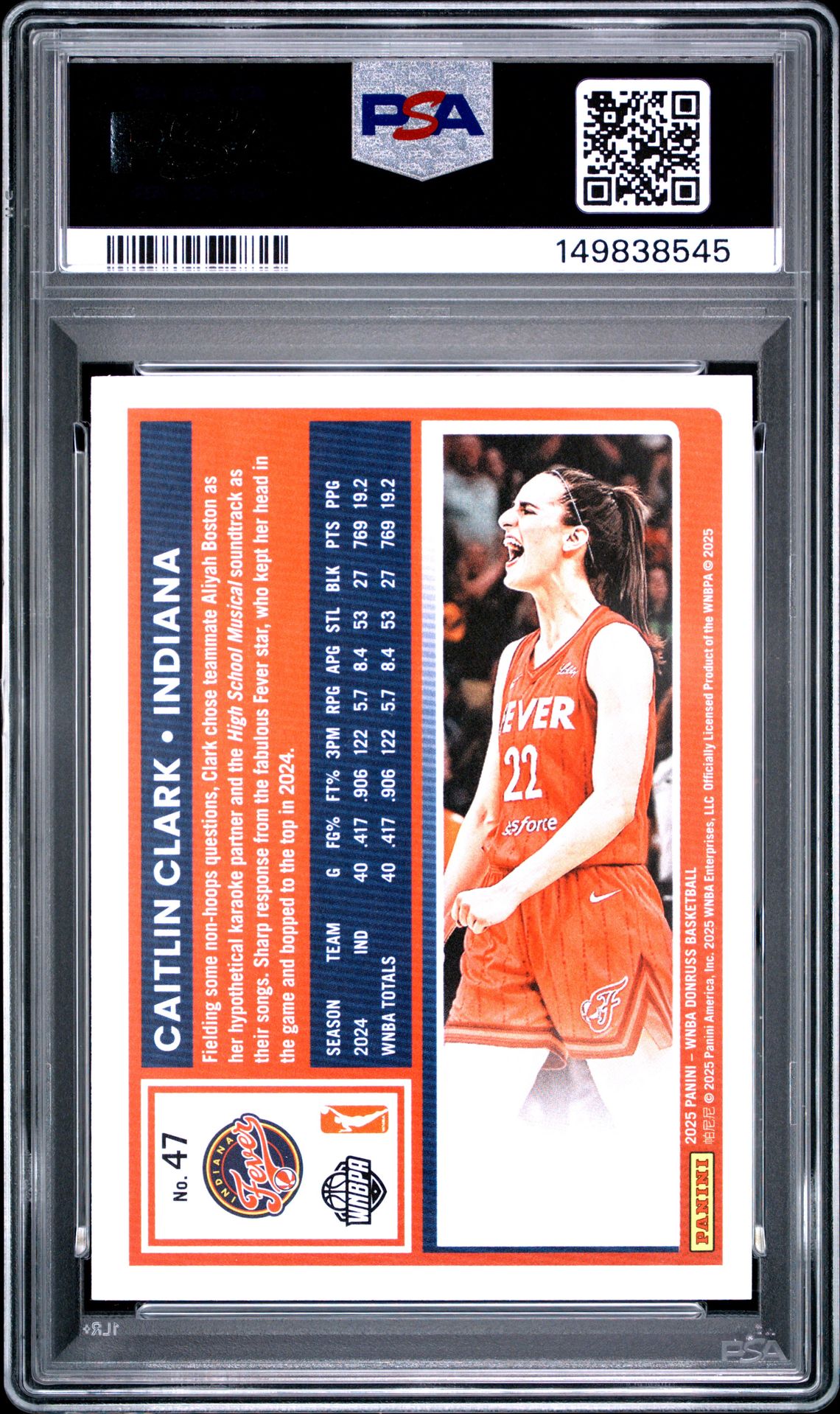 2025 PANINI DONRUSS WNBA CAITLIN CLARK  47 GEM MT 10 back
