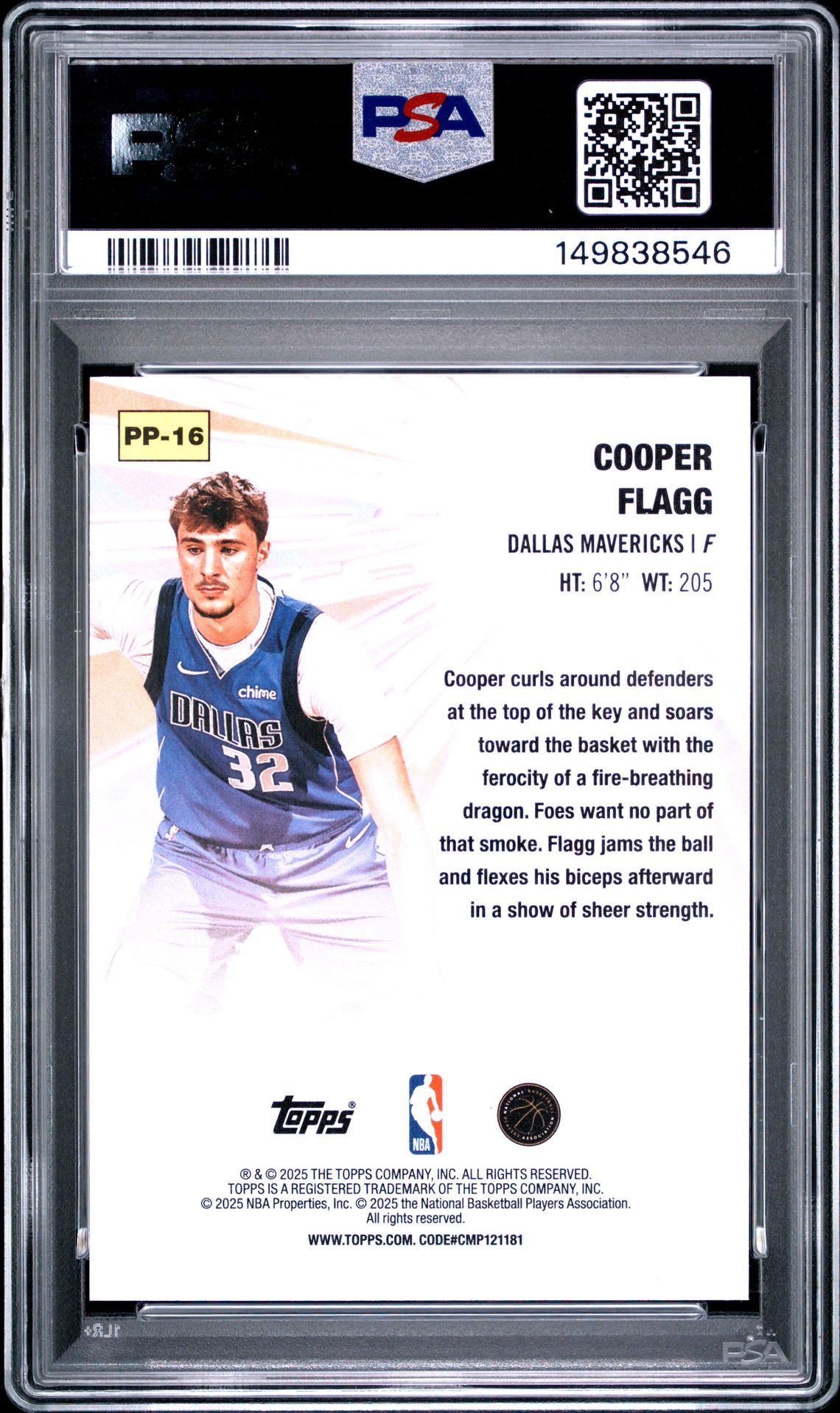 2025 Topps Power Players Cooper Flagg #Pp-16 (Power Players-Holo Foil) Gem Mt 10 back view - PSA certificate #149838546