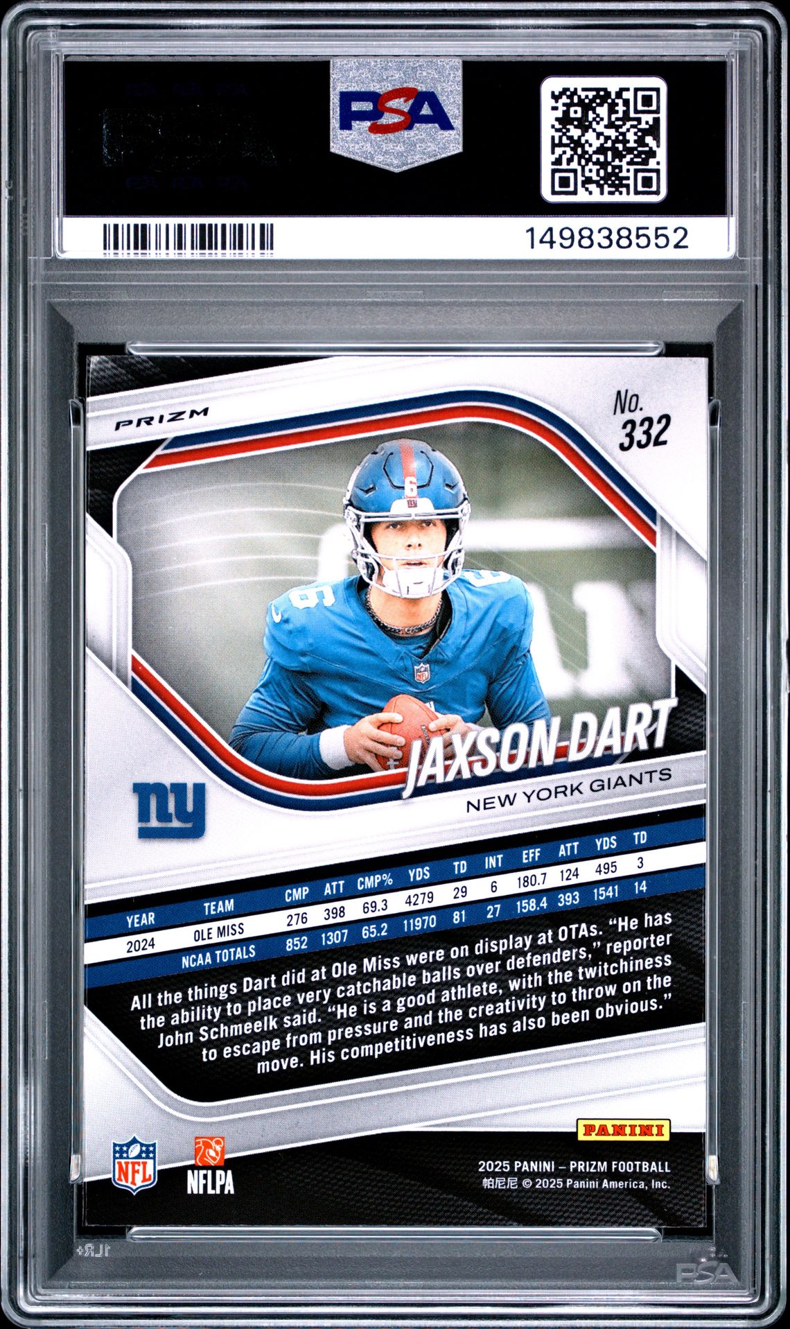 2025 Panini Prizm Jaxson Dart #332 (White Disco) Mint 9 back