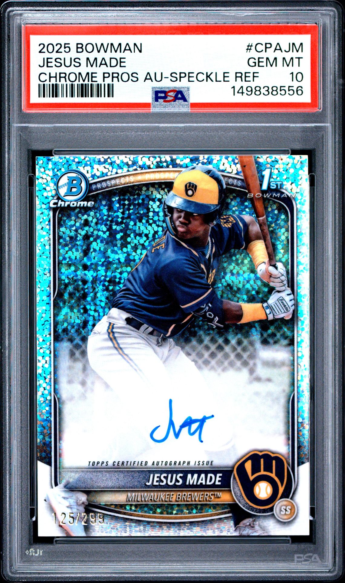 2025 Bowman Chrome Prospect Autographs Jesus Made #Cpajm (Chrome Pros Au-Speckle Ref) Gem Mt 10 front view - PSA graded GEM MT 10