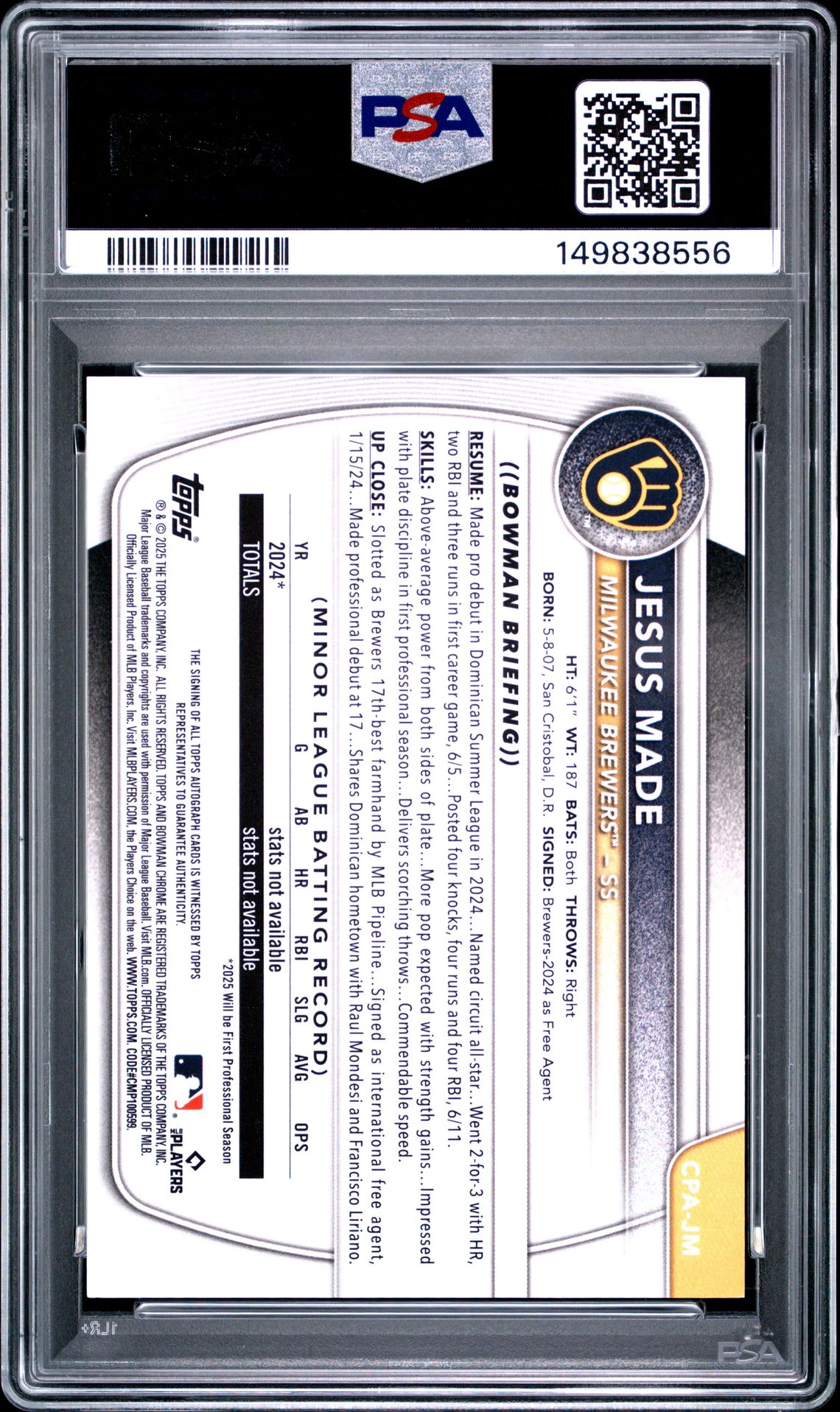 2025 Bowman Chrome Prospect Autographs Jesus Made #Cpajm (Chrome Pros Au-Speckle Ref) Gem Mt 10 back view - PSA certificate #149838556