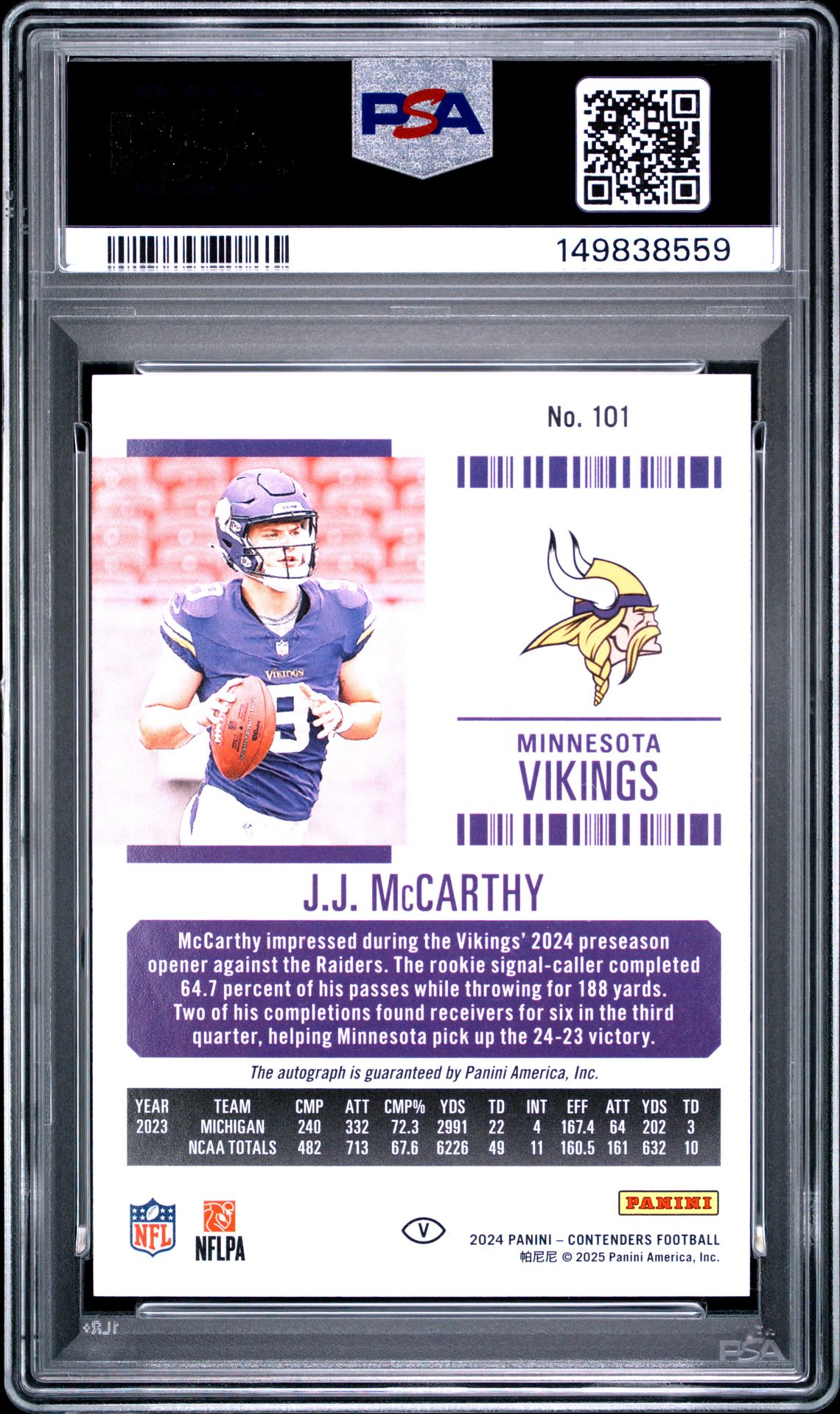 2024 Panini Contenders Jj Mccarthy #101 (Variation-Autograph) Mint 9 back