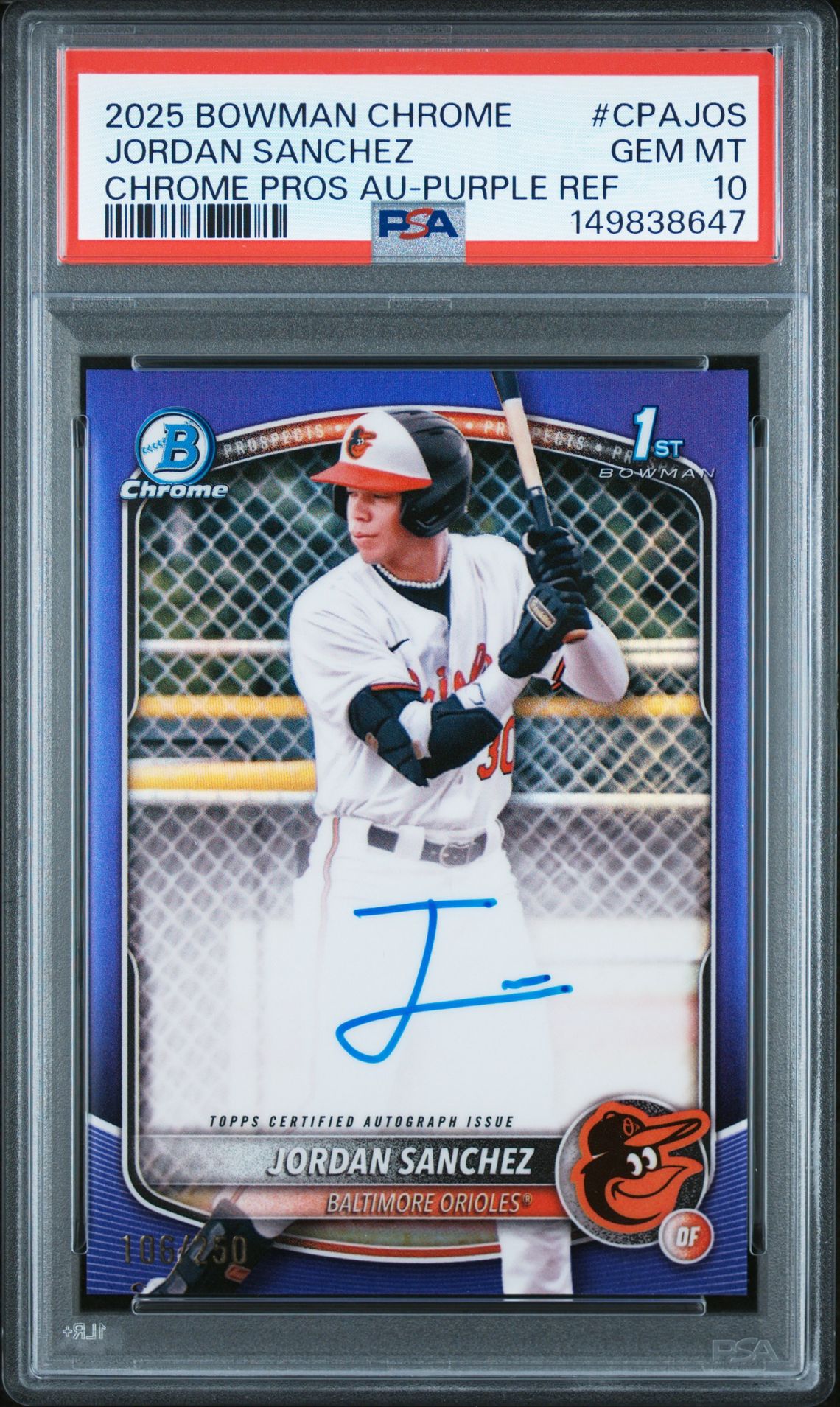 2025 Bowman BOWMAN CHROME PROSPECT AUTOGRAPHS CHROME PROS AU-PURPLE REF #CPAJOS Jordan Sanchez front