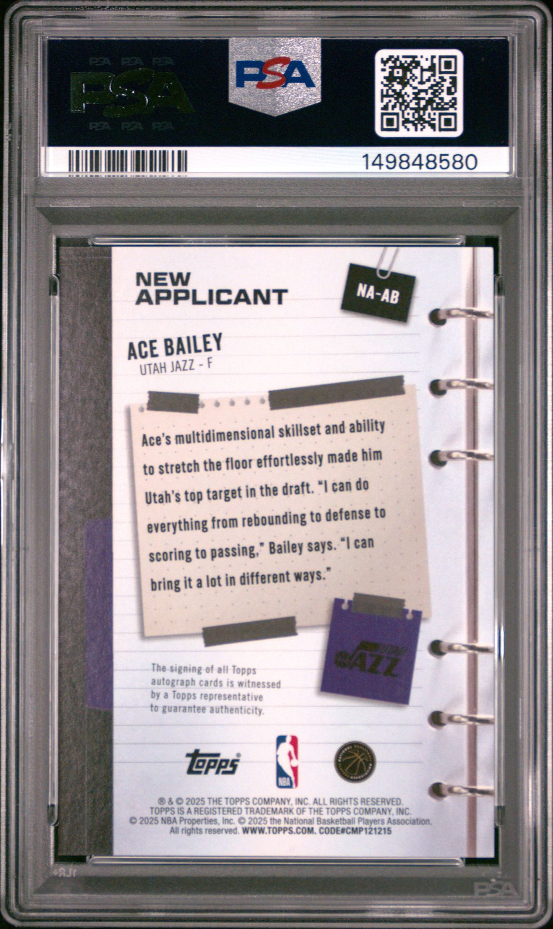 2025 Topps New Applicant Autographs Ace Bailey #Na-Ab (New Applicant Autograph) Mint 9 back