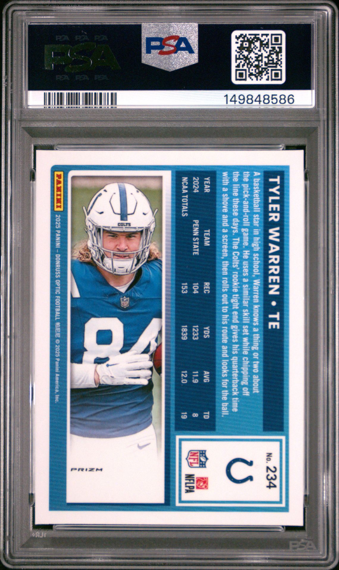 2025 Panini Donruss Optic Tyler Warren #234 (Holo) Mint 9 back