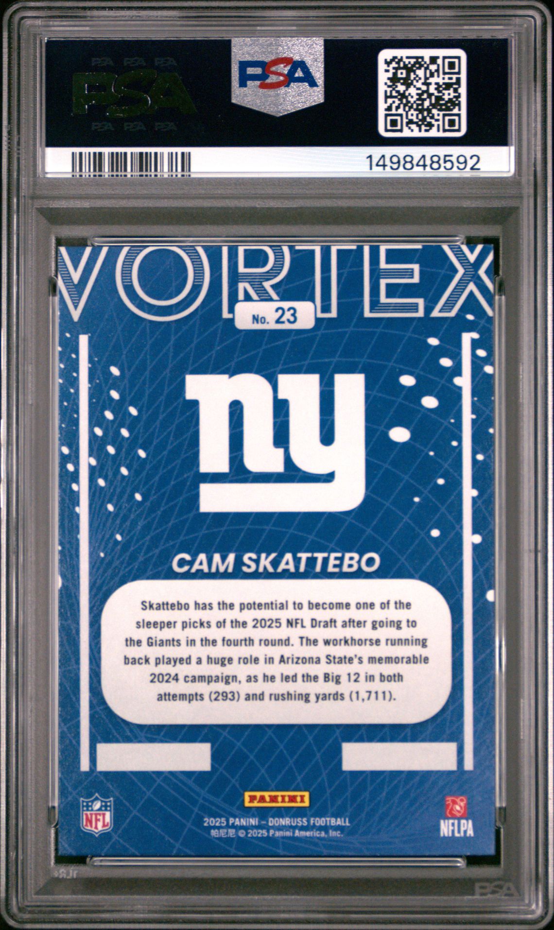 2025 Panini Donruss Vortex Cam Skattebo #23 Gem Mt 10 back