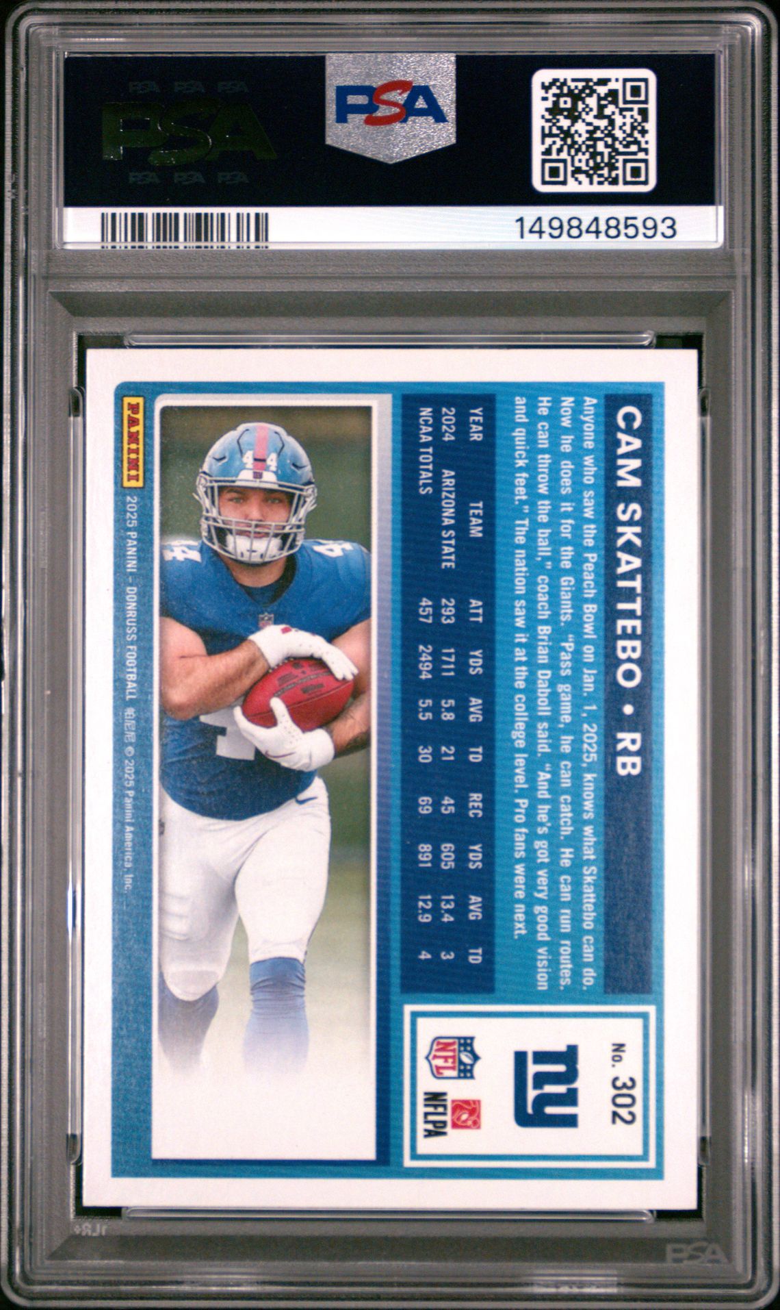2025 Panini Donruss Cam Skattebo #302 Gem Mt 10 back