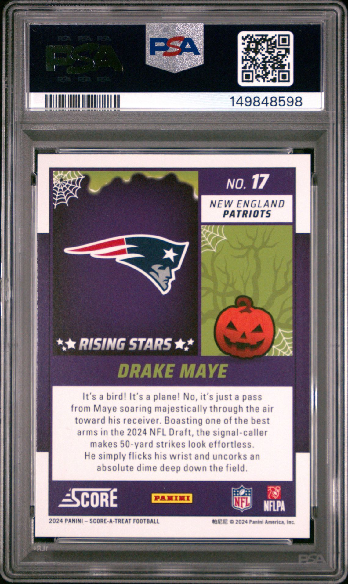 2024 Panini Score-A-Treat Rising Stars Drake Maye #17 (Rising Stars-Pumpkin) Gem Mt 10 back