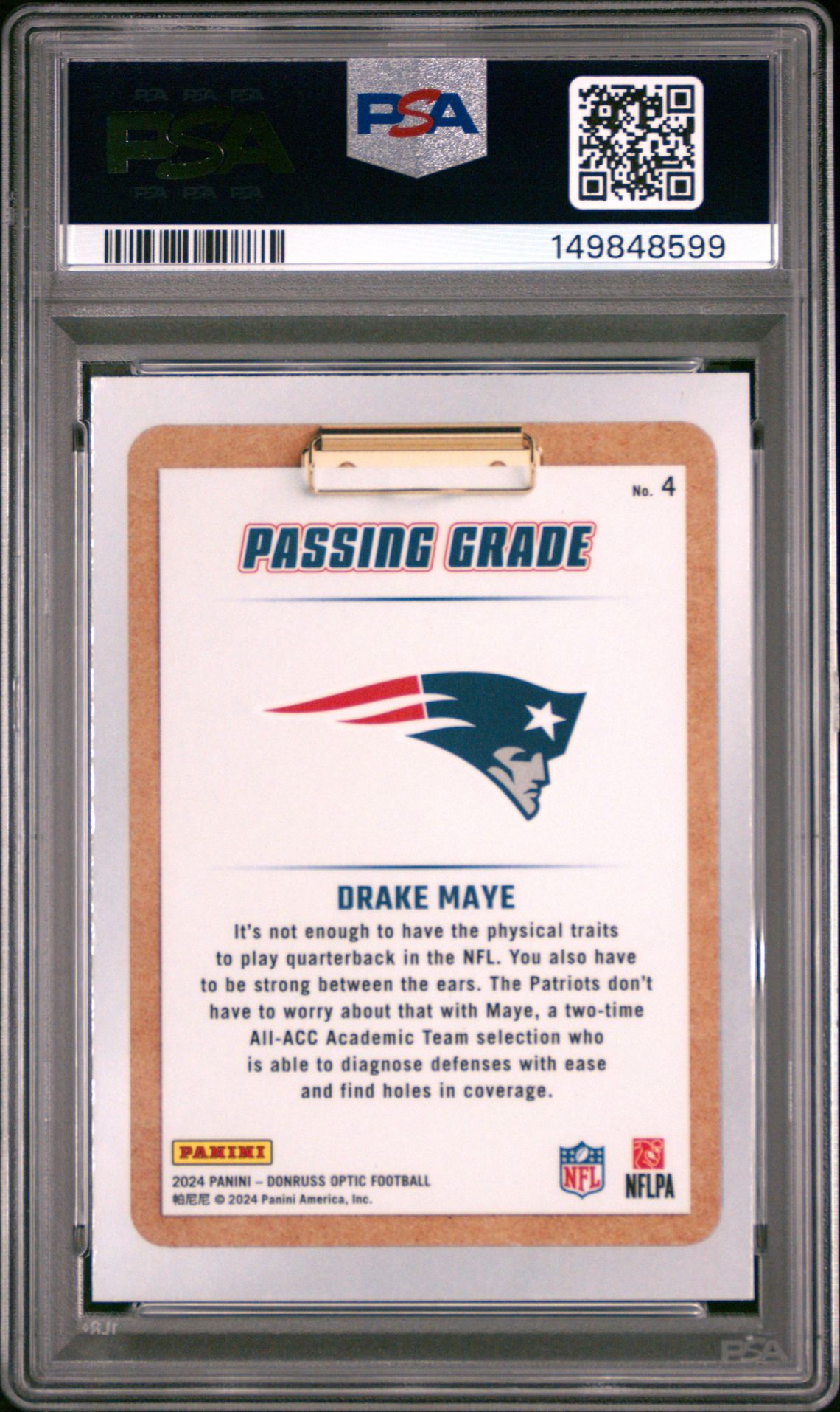 2024 Panini Donruss Optic Passing Grade Drake Maye #4 Gem Mt 10 back