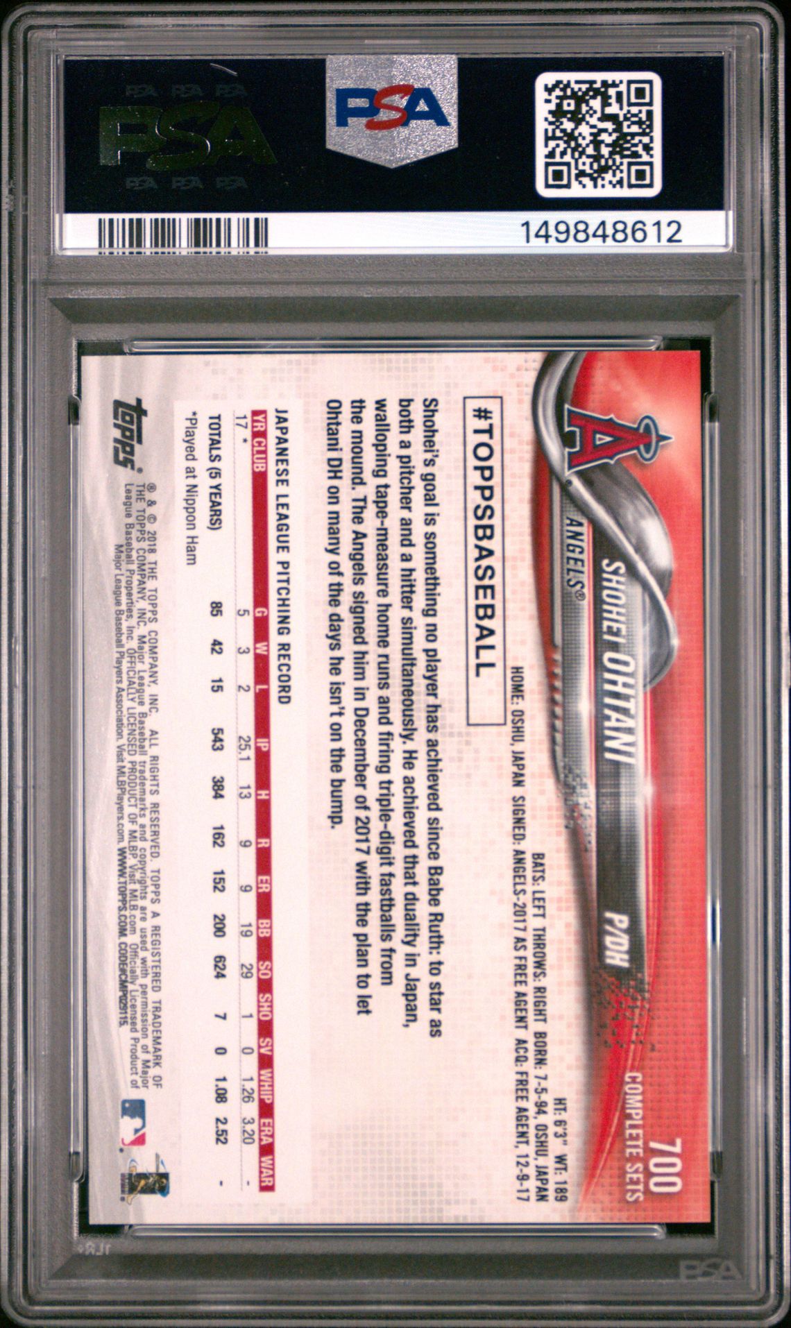 2018 Topps Complete Set Shohei Ohtani #700 (Retail) Mint 9 back