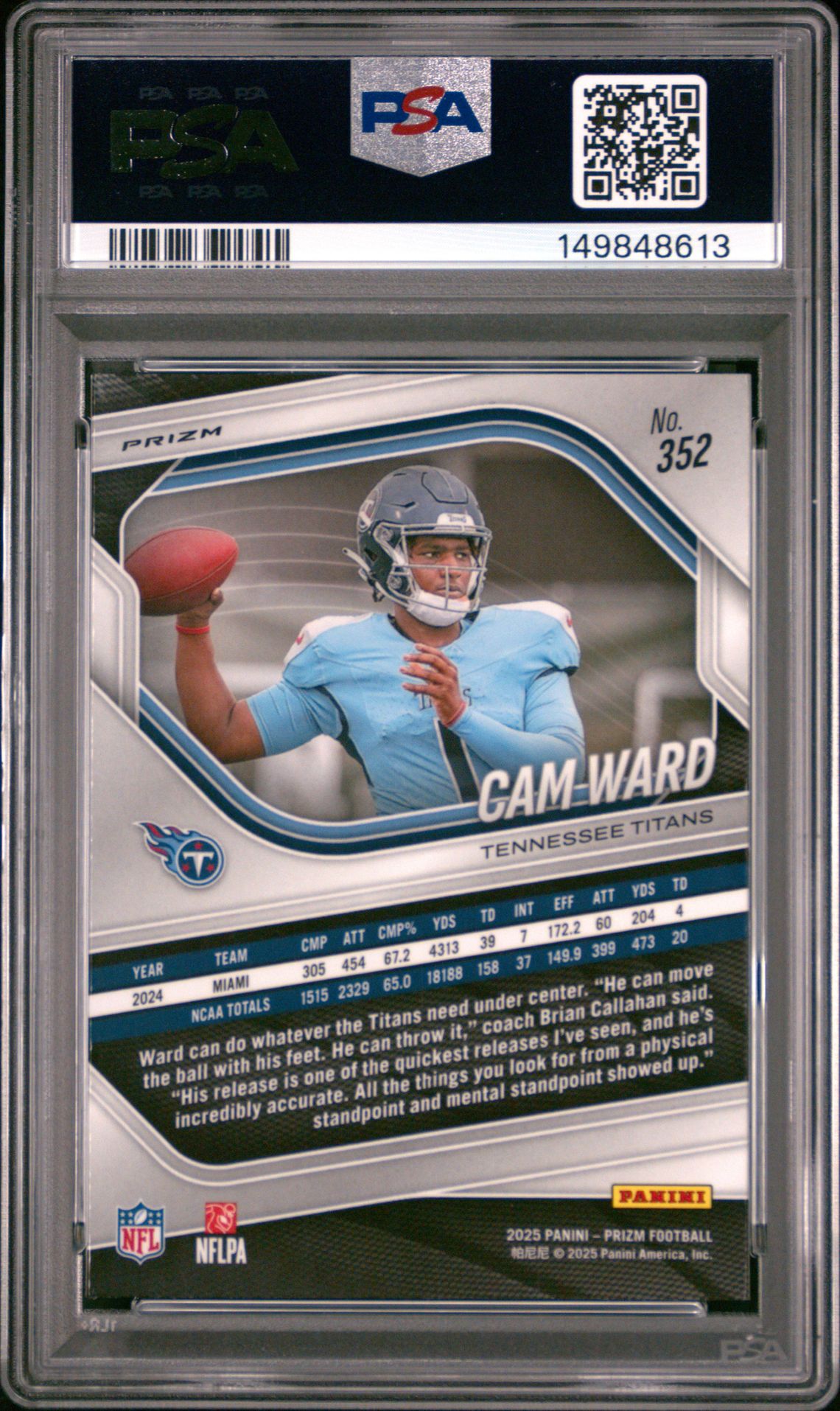 2025 Panini Prizm Cam Ward #352 (Lazer Prizm) Gem Mt 10 back