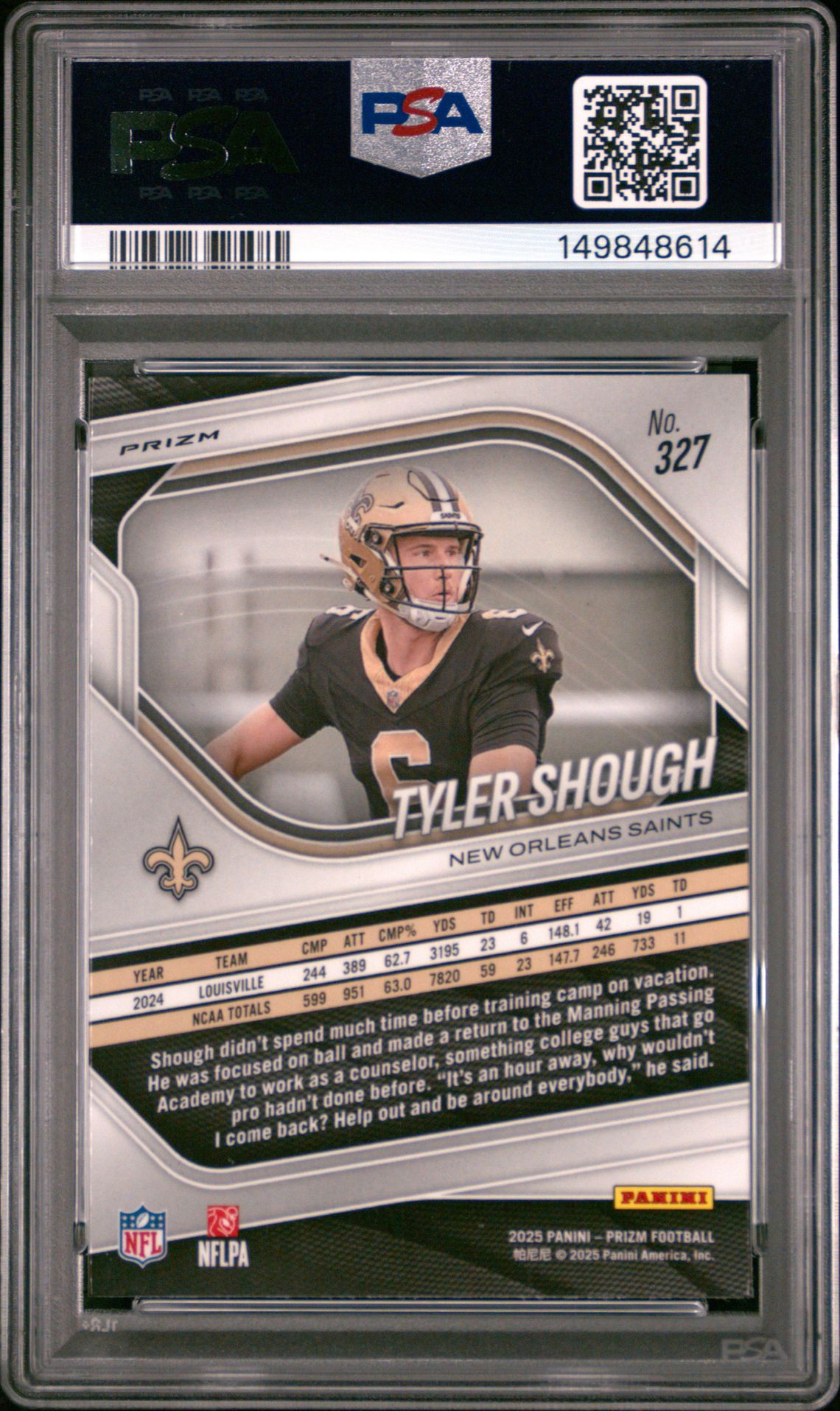 2025 Panini Prizm Tyler Shough #327 (Lazer Prizm) Gem Mt 10 back