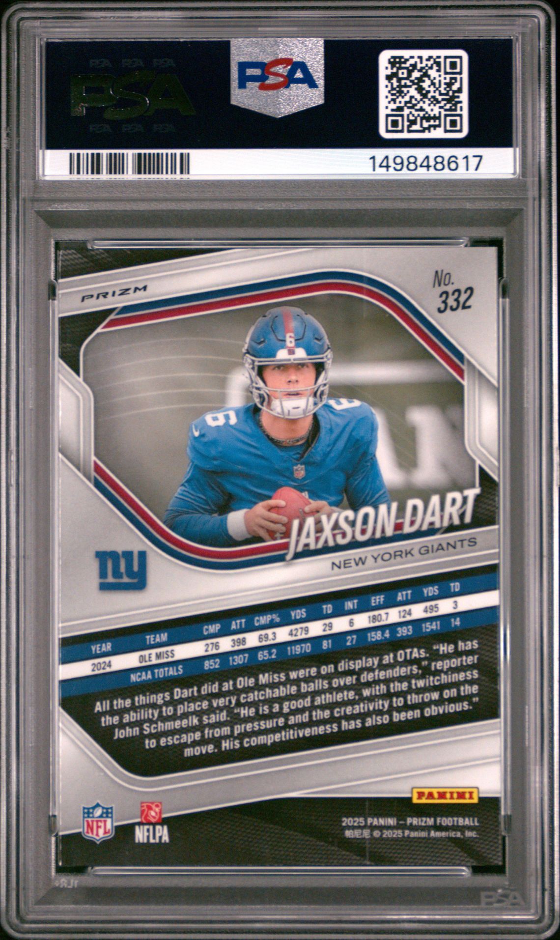 2025 Panini Prizm Jaxson Dart #332 (White Disco) Mint 9 back