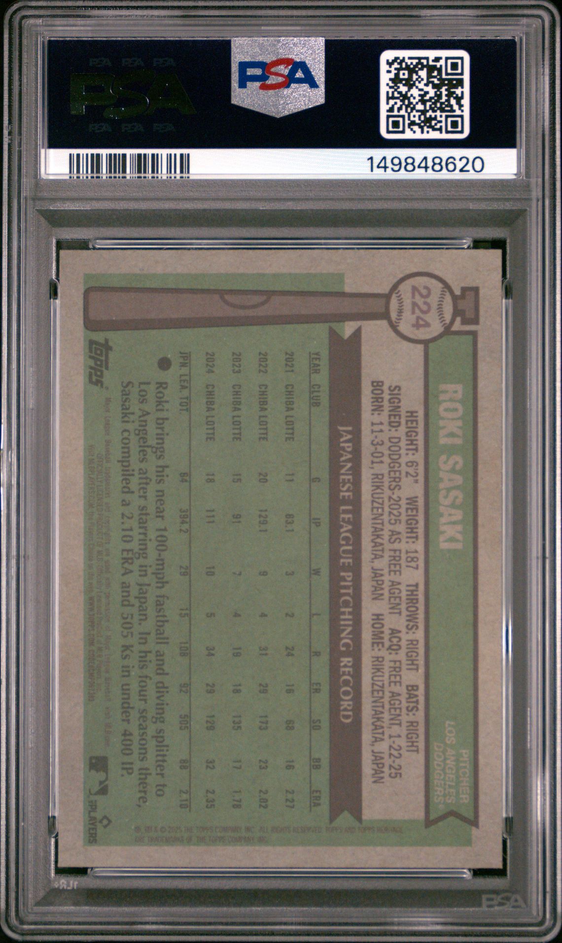 2025 Topps Heritage Roki Sasaki #224 (Chrome) Gem Mt 10 back