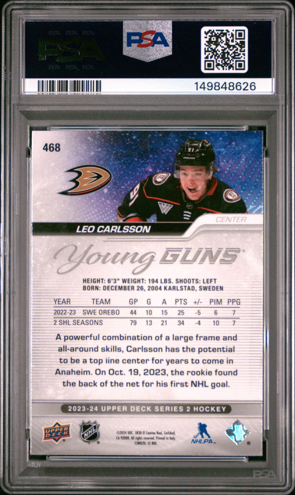 2023 Upper Deck Leo Carlsson #468 Mint 9 back