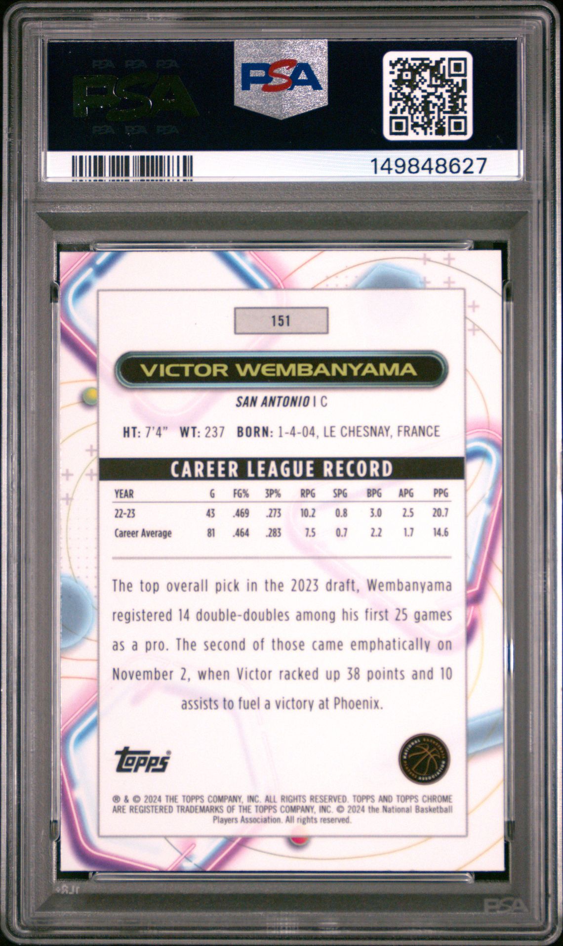 2023 Topps Cosmic Chrome Victor Wembanyama #151 Mint 9 back