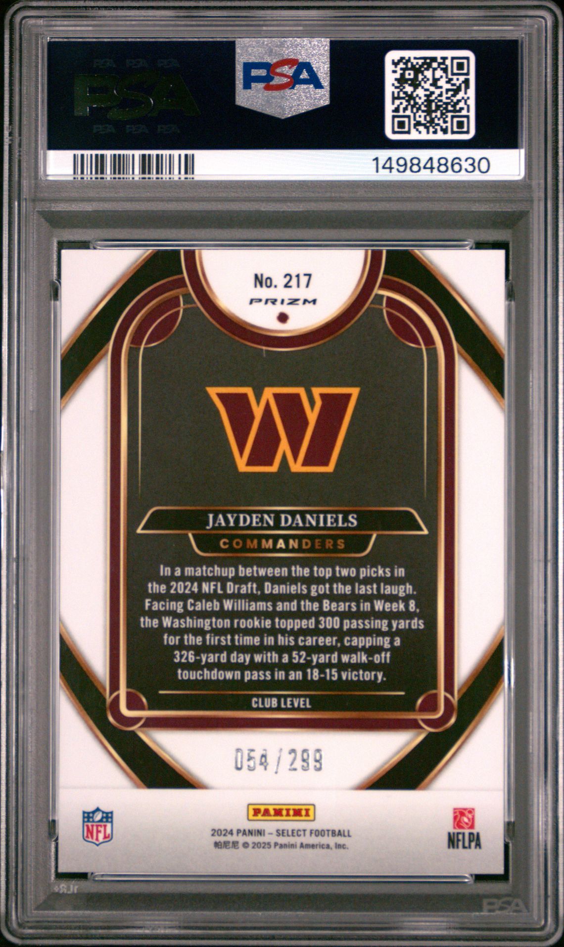 2024 Panini Select Jayden Daniels #217 (Copper Shock) Mint 9 back