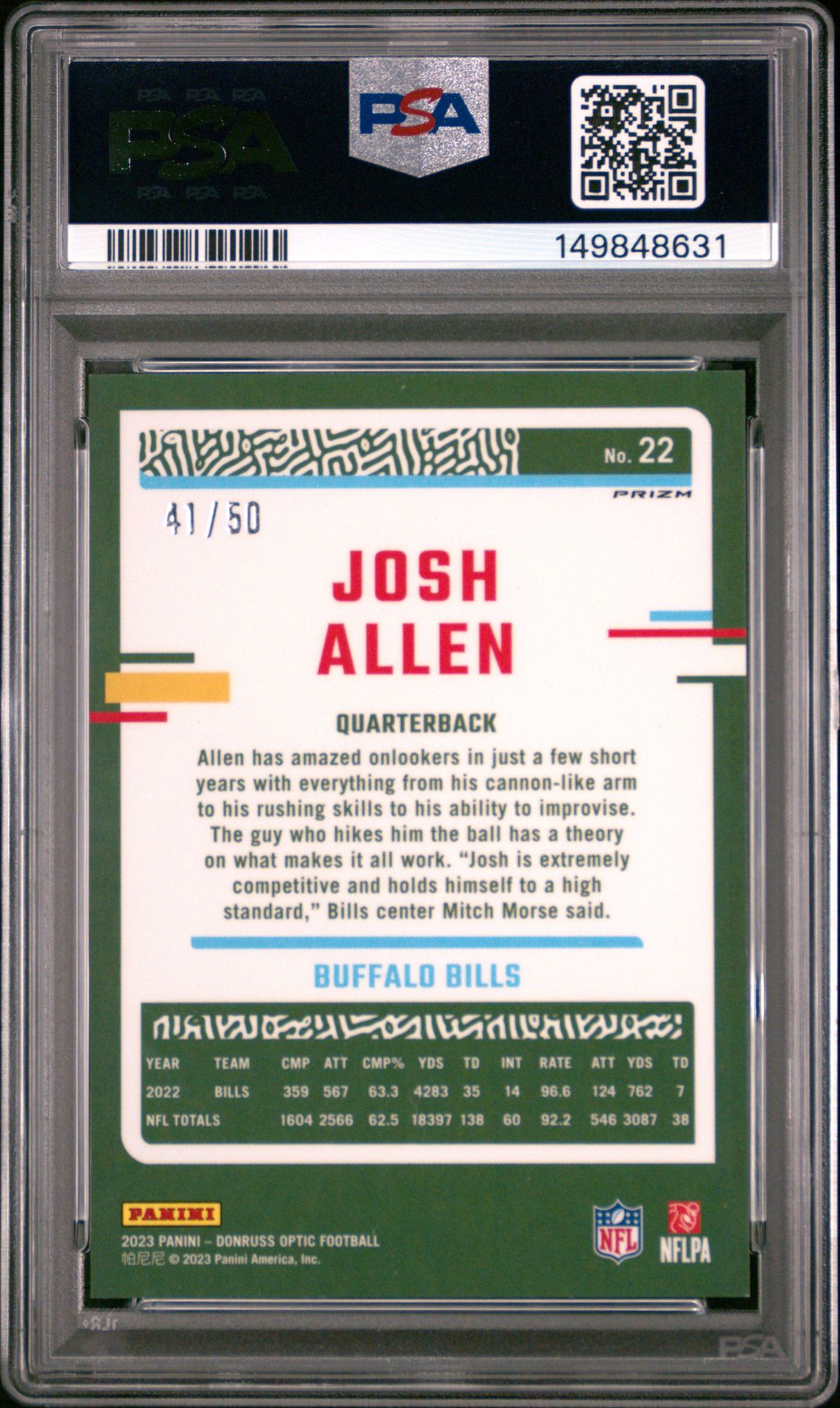 2023 Panini Donruss Optic Josh Allen #22 (Purple) Mint 9 back