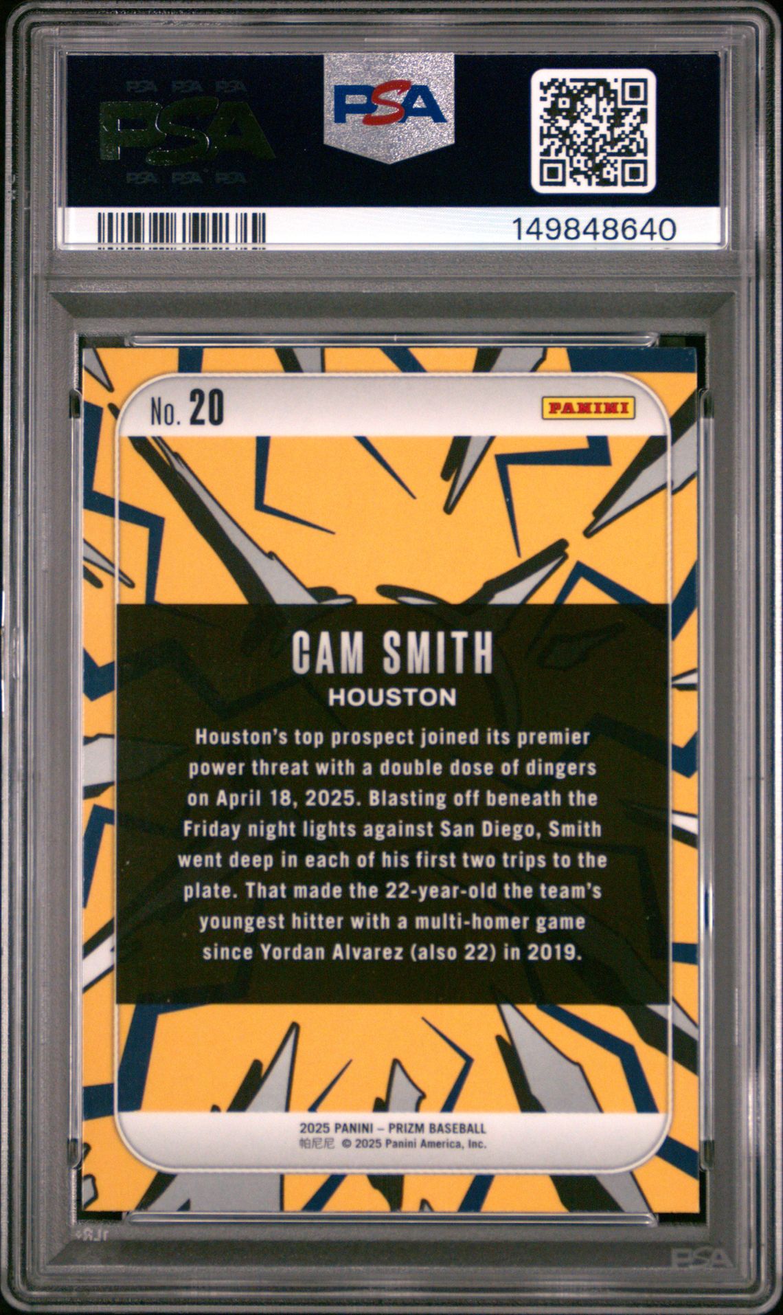 2025 Panini Prizm Dingers! Cam Smith #20 Gem Mt 10 back