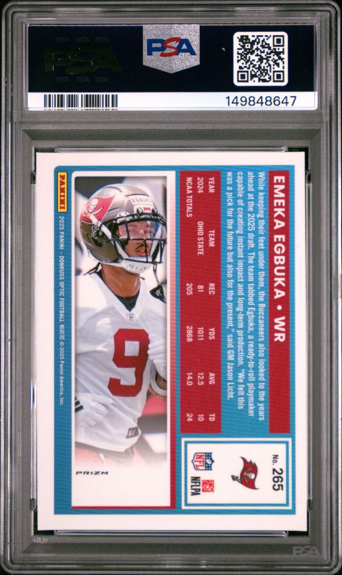 2025 Panini Donruss Optic Emeka Egbuka #265 (Blue Scope) Gem Mt 10 back view - PSA certificate #149848647