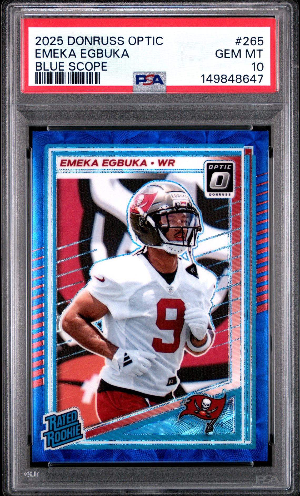 2025 Panini Donruss Optic Emeka Egbuka #265 (Blue Scope) Gem Mt 10 front view - PSA graded GEM MT 10