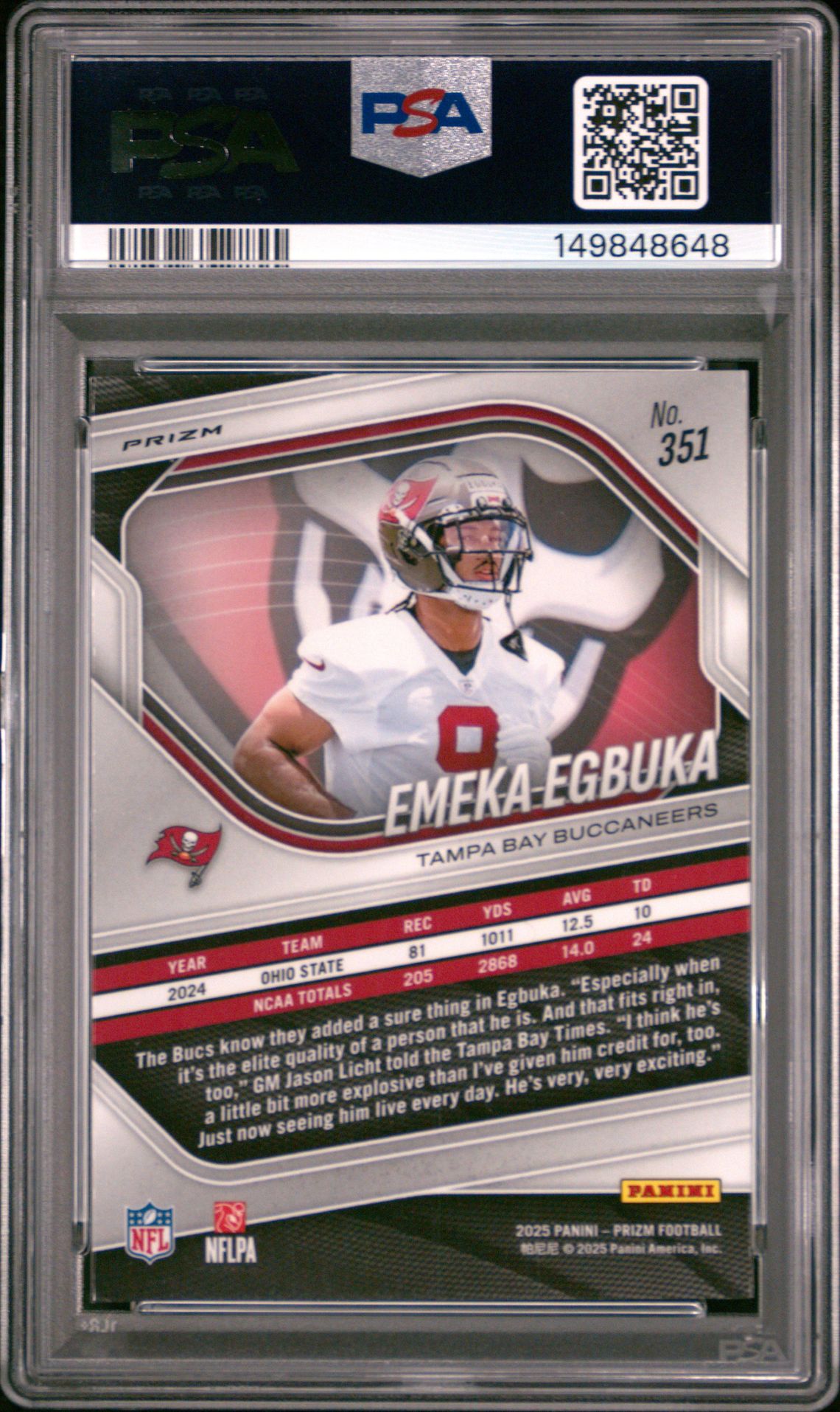 2025 Panini Prizm Emeka Egbuka #351 (White Disco) Mint 9 back