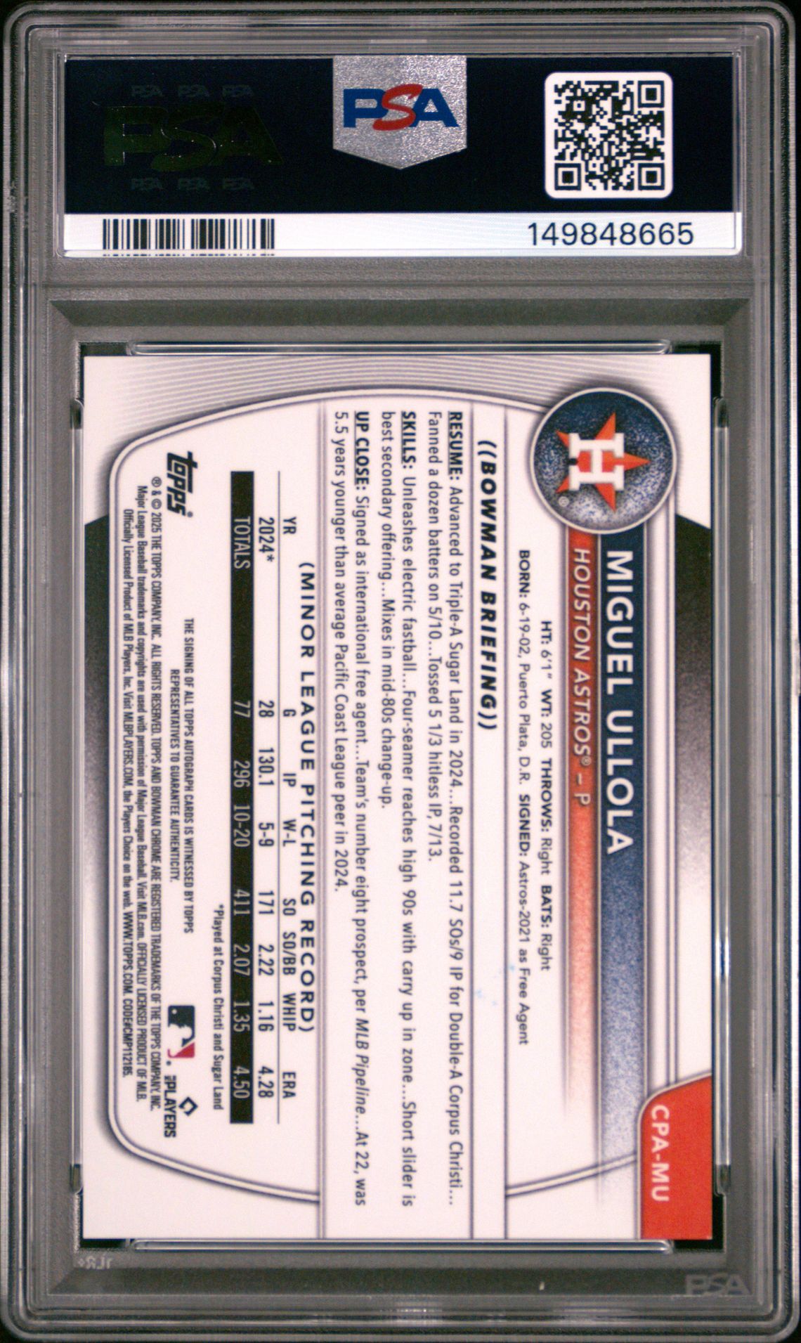 2025 Bowman Chrome Prospect Autographs Miguel Ullola #Cpamu Mint 9 back