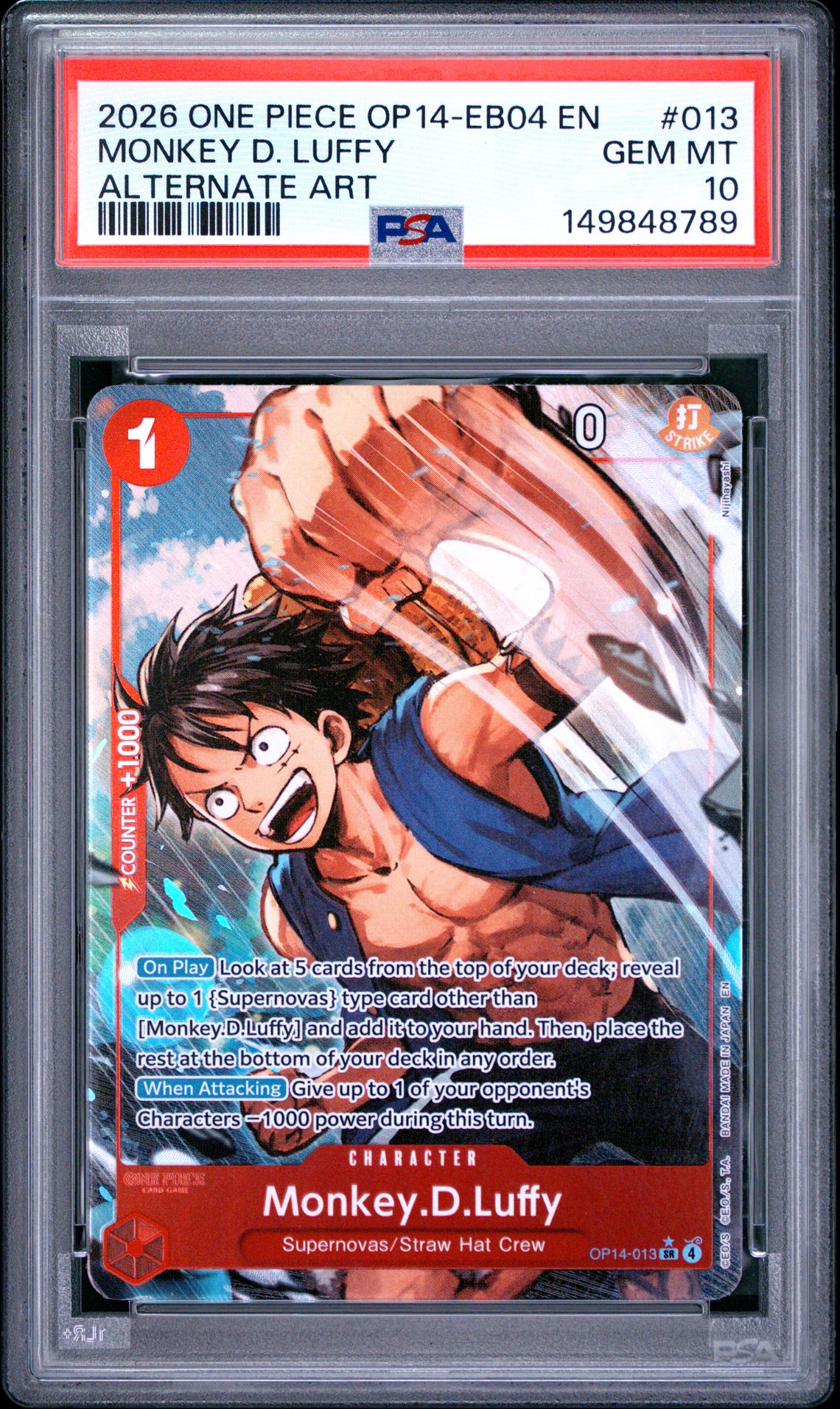 2026 One Piece Op14-Eb04-The Azure Sea's Seven Monkey D. Luffy #013 (Alternate Art) Gem Mt 10 front