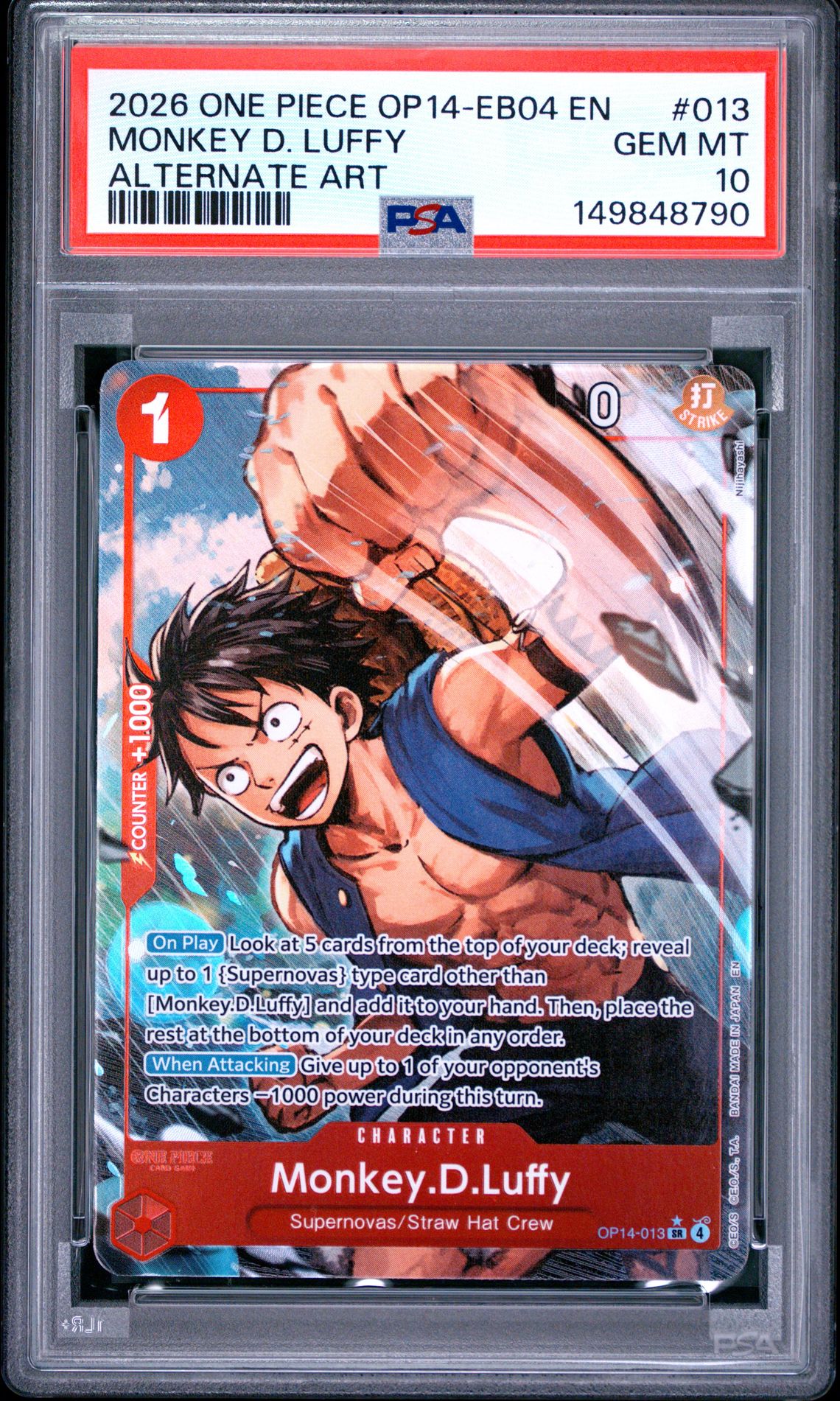 2026 One Piece Op14-Eb04-The Azure Sea's Seven Monkey D. Luffy #013 (Alternate Art) Gem Mt 10 front