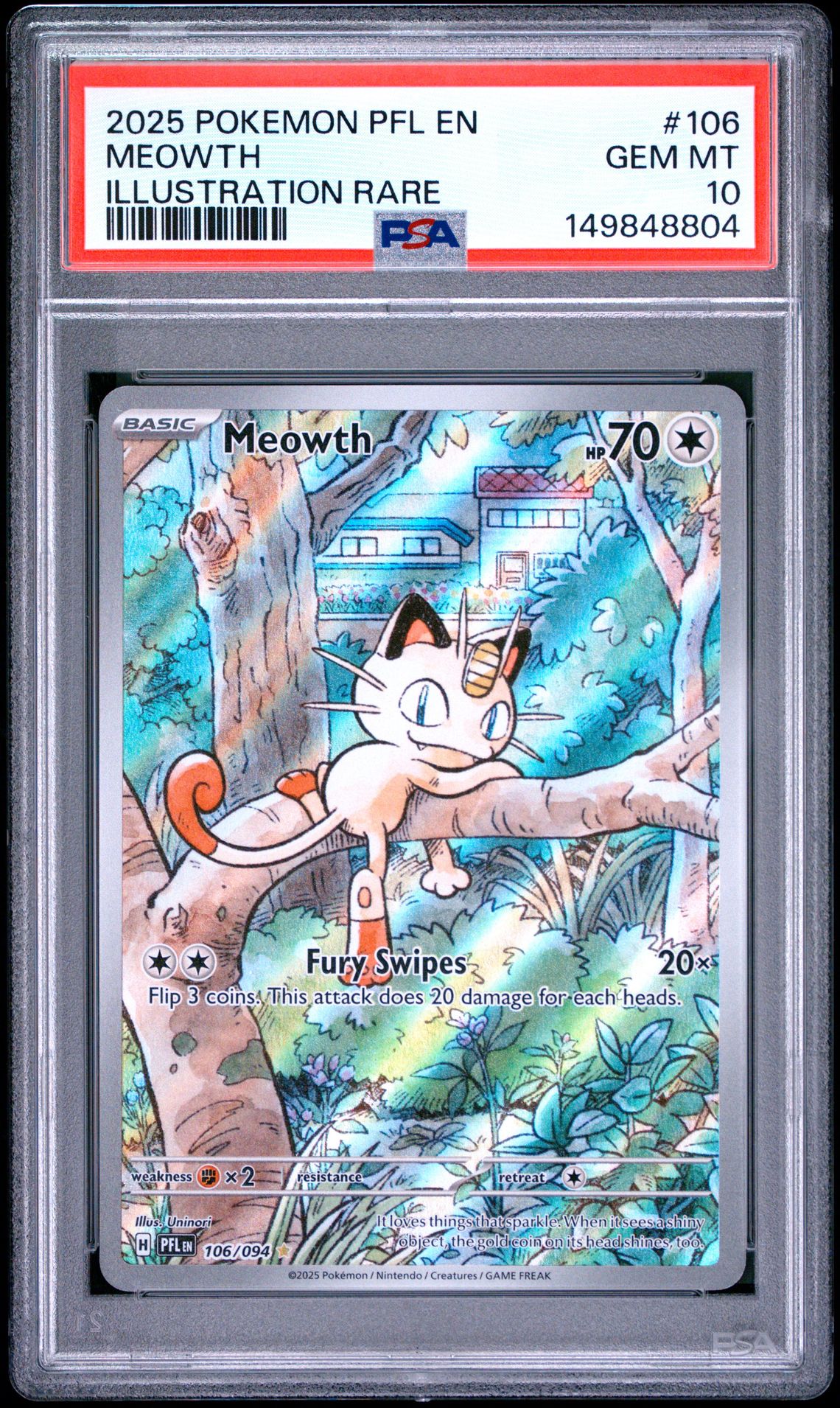 2025 Pokemon Pfl En-Phantasmal Flames Meowth #106 (Illustration Rare) Gem Mt 10 front view - PSA graded GEM MT 10