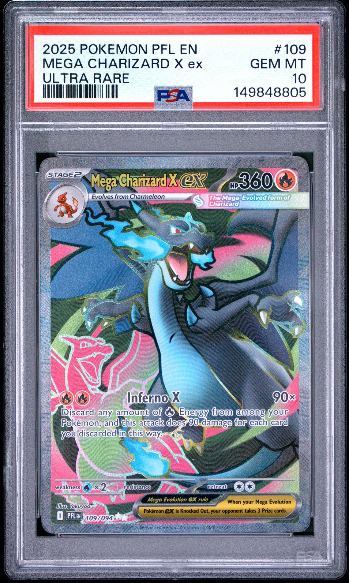 2025 Pokemon Pfl En-Phantasmal Flames Mega Charizard X Ex #109 (Ultra Rare) Gem Mt 10 front view - PSA graded GEM MT 10