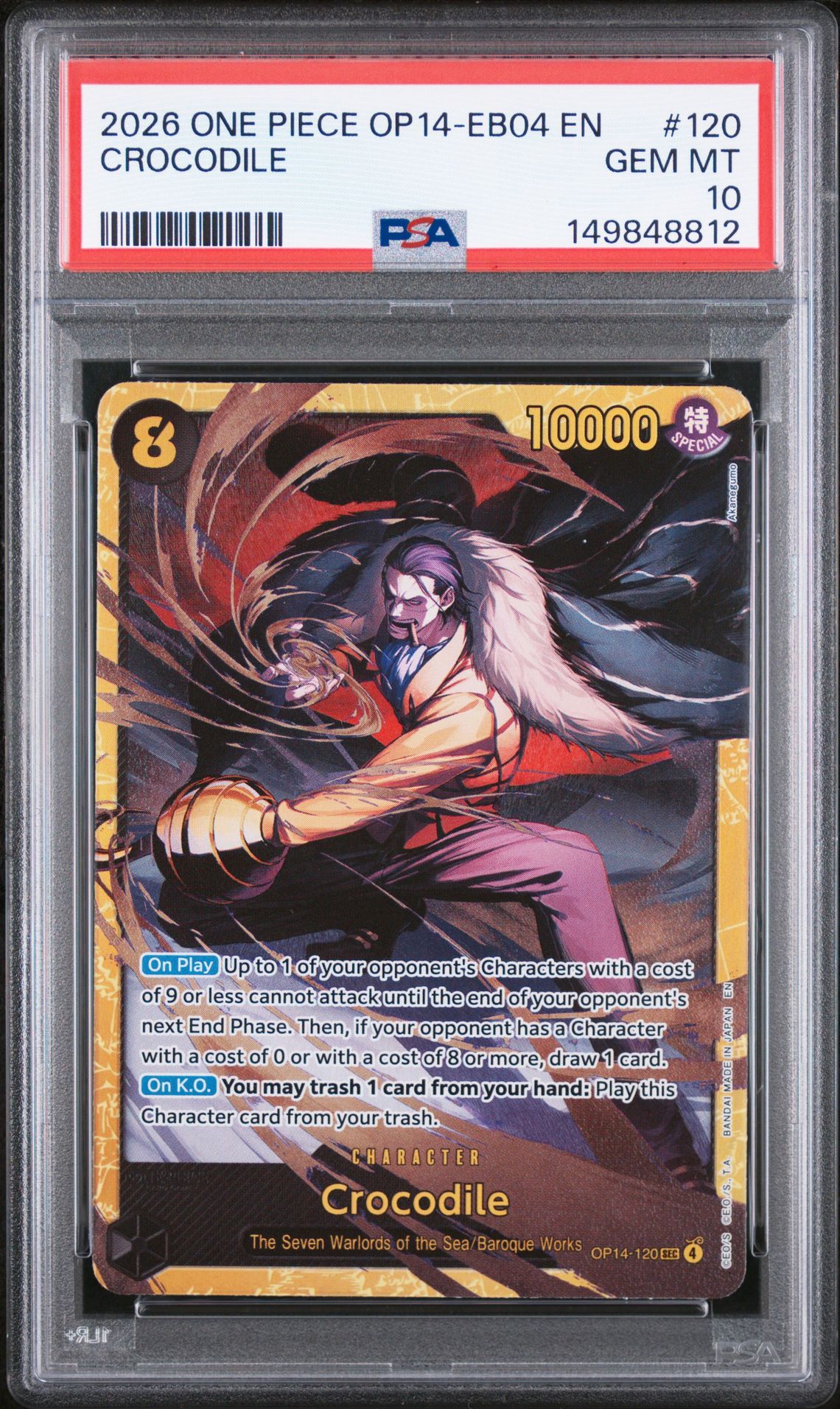 2026 One Piece Op14-Eb04-The Azure Sea's Seven Crocodile #120 Gem Mt 10 front view - PSA graded GEM MT 10