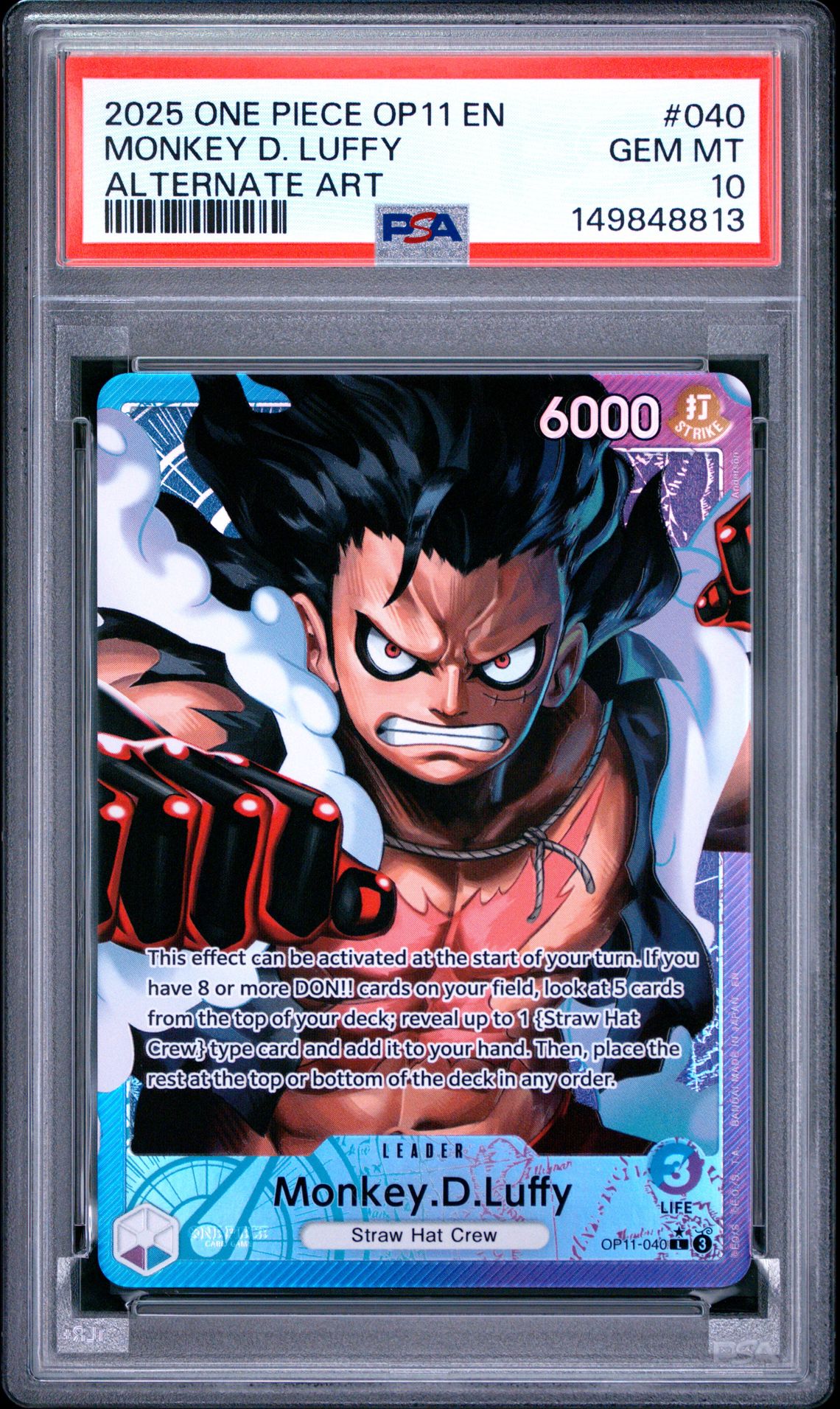 2025 One Piece Op11-A Fist Of Divine Speed Monkey D. Luffy #040 (Alternate Art) Gem Mt 10 front